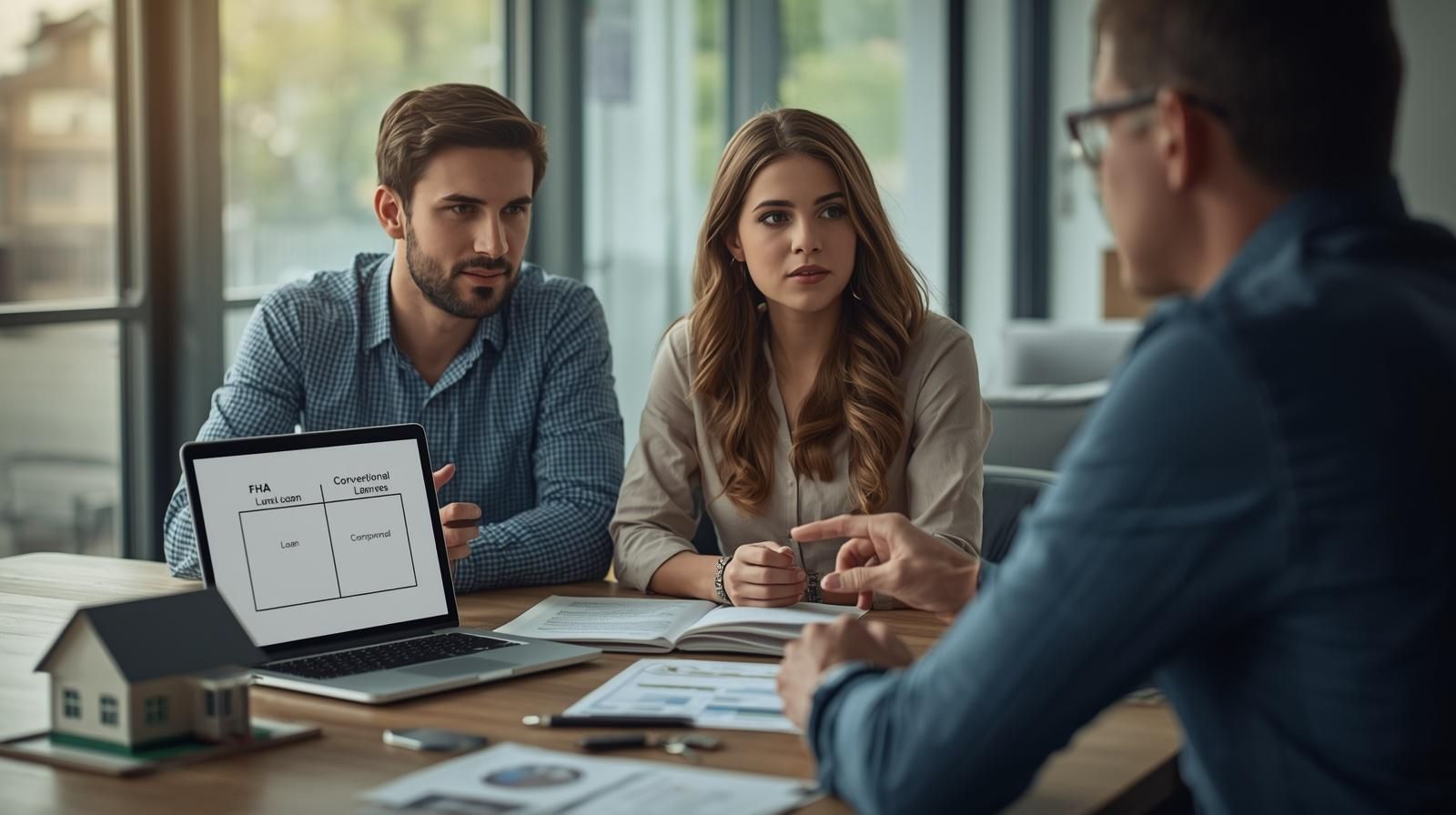 First-time home buyers comparing FHA and conventional mortgage loans with advisor in New Jersey