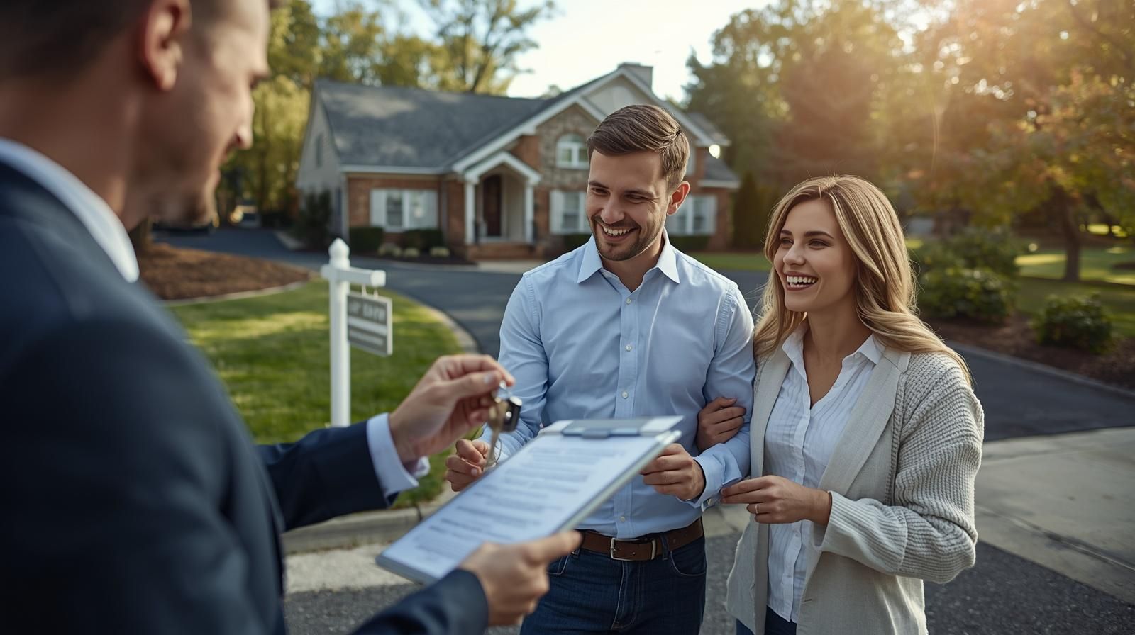 Real estate agent helping first-time home buyers receive keys to a home in Clifton NJ