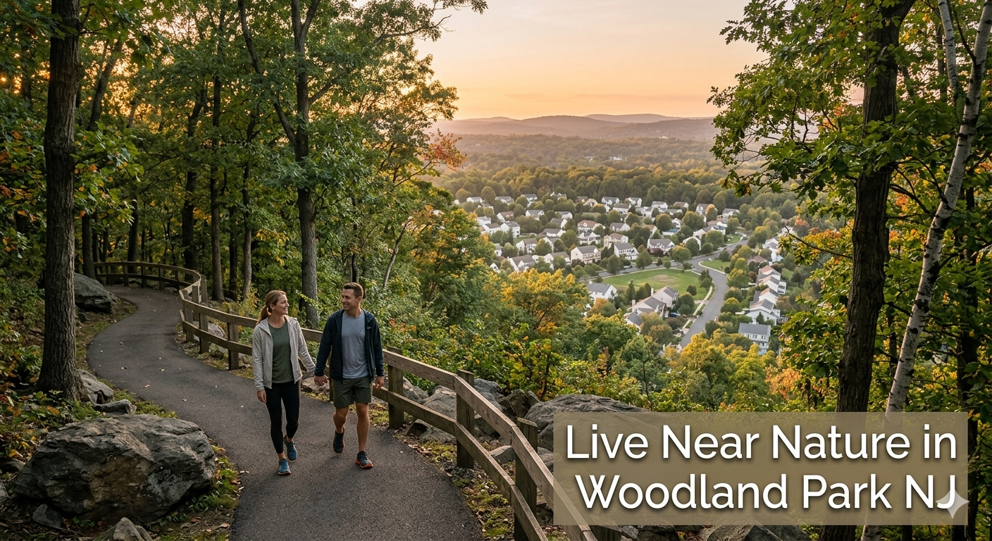 Garrett Mountain Reservation Woodland Park NJ scenic trail with couple overlooking suburban homes and nature lifestyle