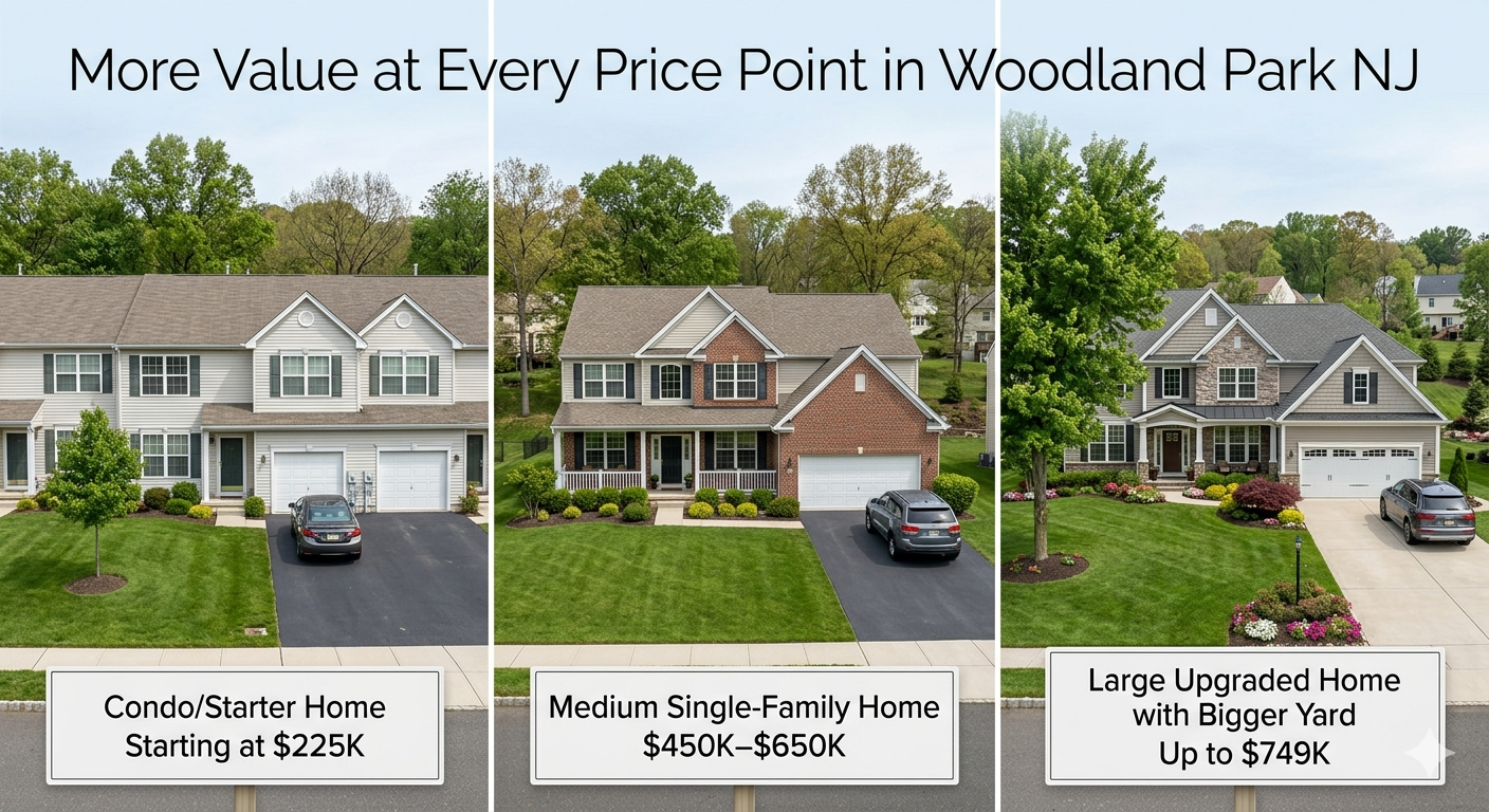 First-time home buyer Woodland Park NJ price range comparison showing condos from $225K to homes up to $749K in Passaic County