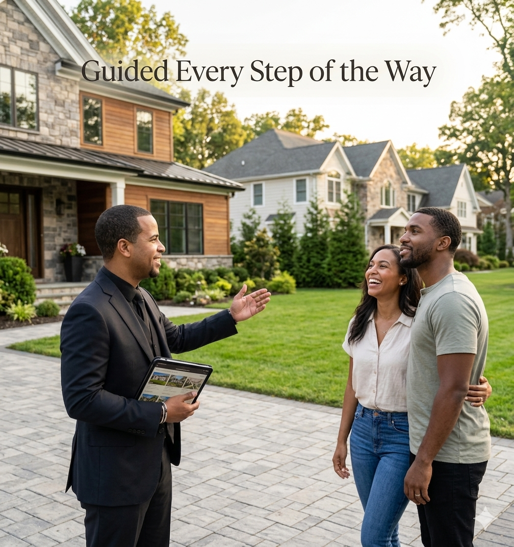 Real estate agent guiding first-time home buyer Woodland Park NJ couple outside home with expert support