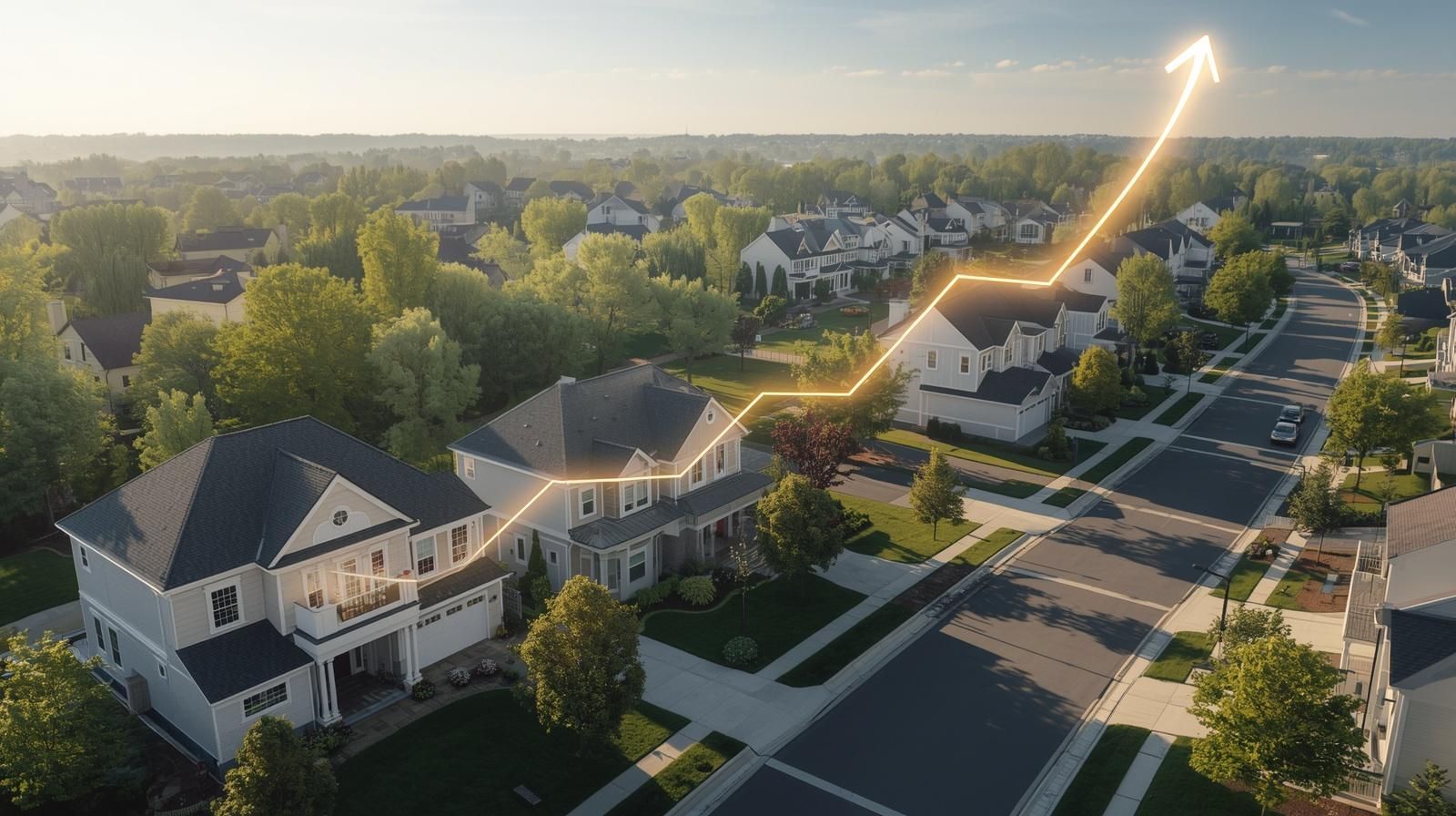 Aerial view of luxury homes in Paramus NJ with upward trend line showing rising Bergen County real estate market growth