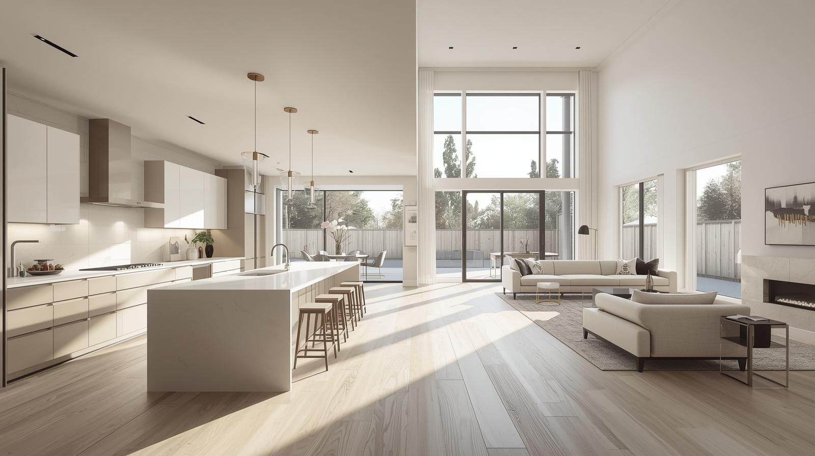 Open concept luxury home interior in Paramus NJ with modern kitchen, large island, high ceilings, and natural light