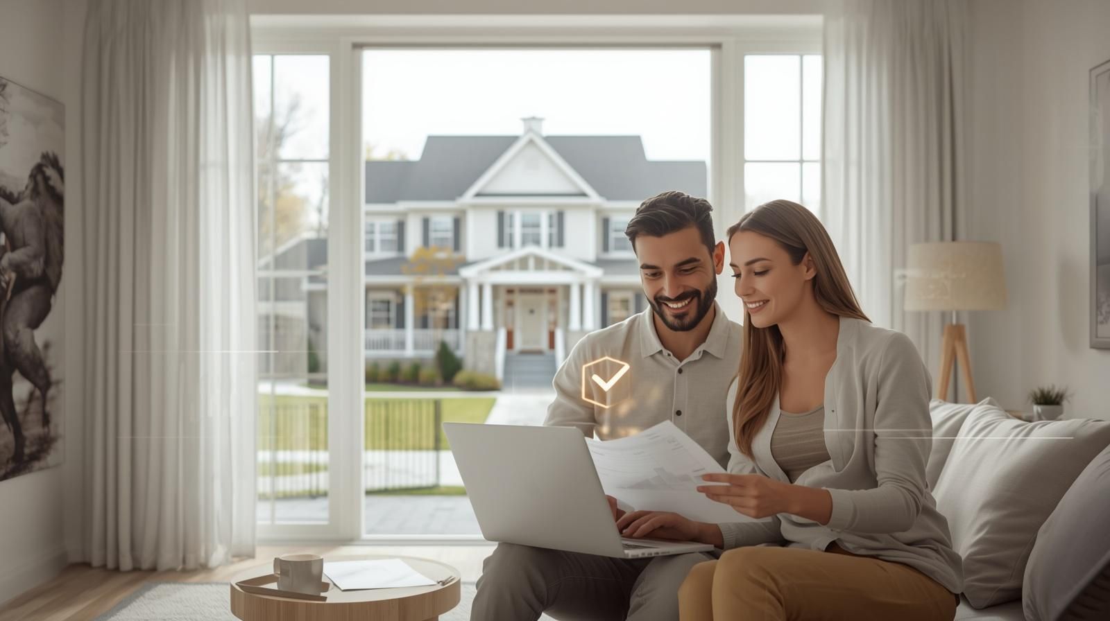 First-time home buyer Paramus NJ couple reviewing mortgage documents and laptop with luxury Bergen County home in background showing down payment assistance and approval concept
