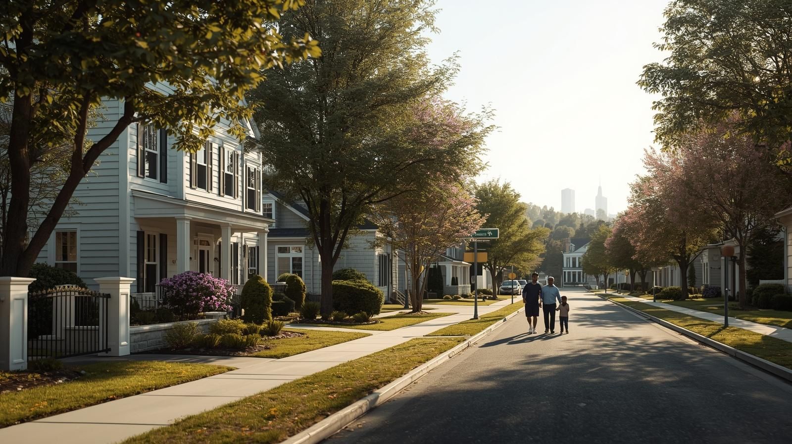 Quiet residential street in Paramus NJ with family walking near upscale homes showing Bergen County lifestyle and suburban living