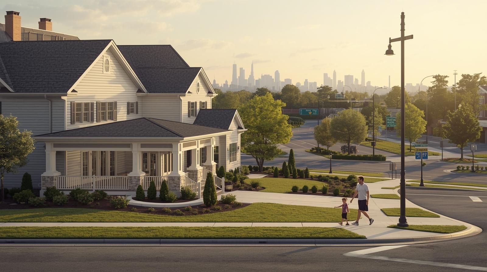 Paramus NJ luxury home with family walking in quiet neighborhood and NYC skyline in background highlighting Bergen County lifestyle, schools, and commuter convenience