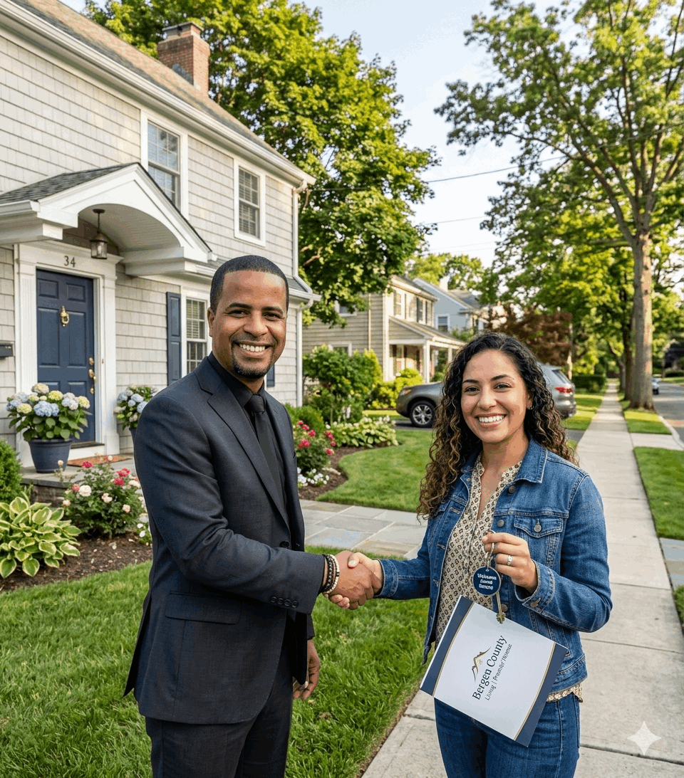 First-time home buyer in Teaneck NJ receiving house keys from real estate agent in Bergen County neighborhood after successful home purchase