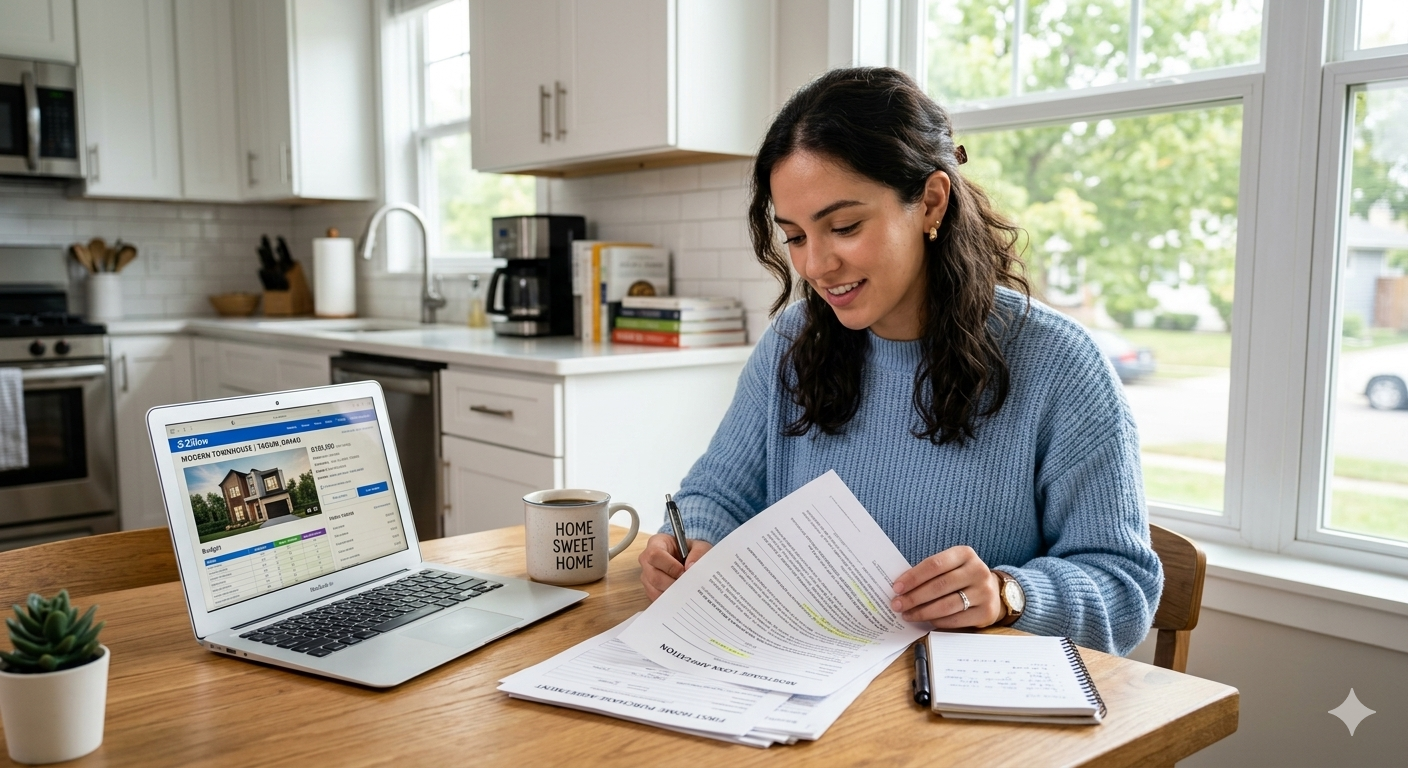 First-time home buyer reviewing mortgage documents at kitchen table while preparing to purchase a home in Teaneck NJ Bergen County