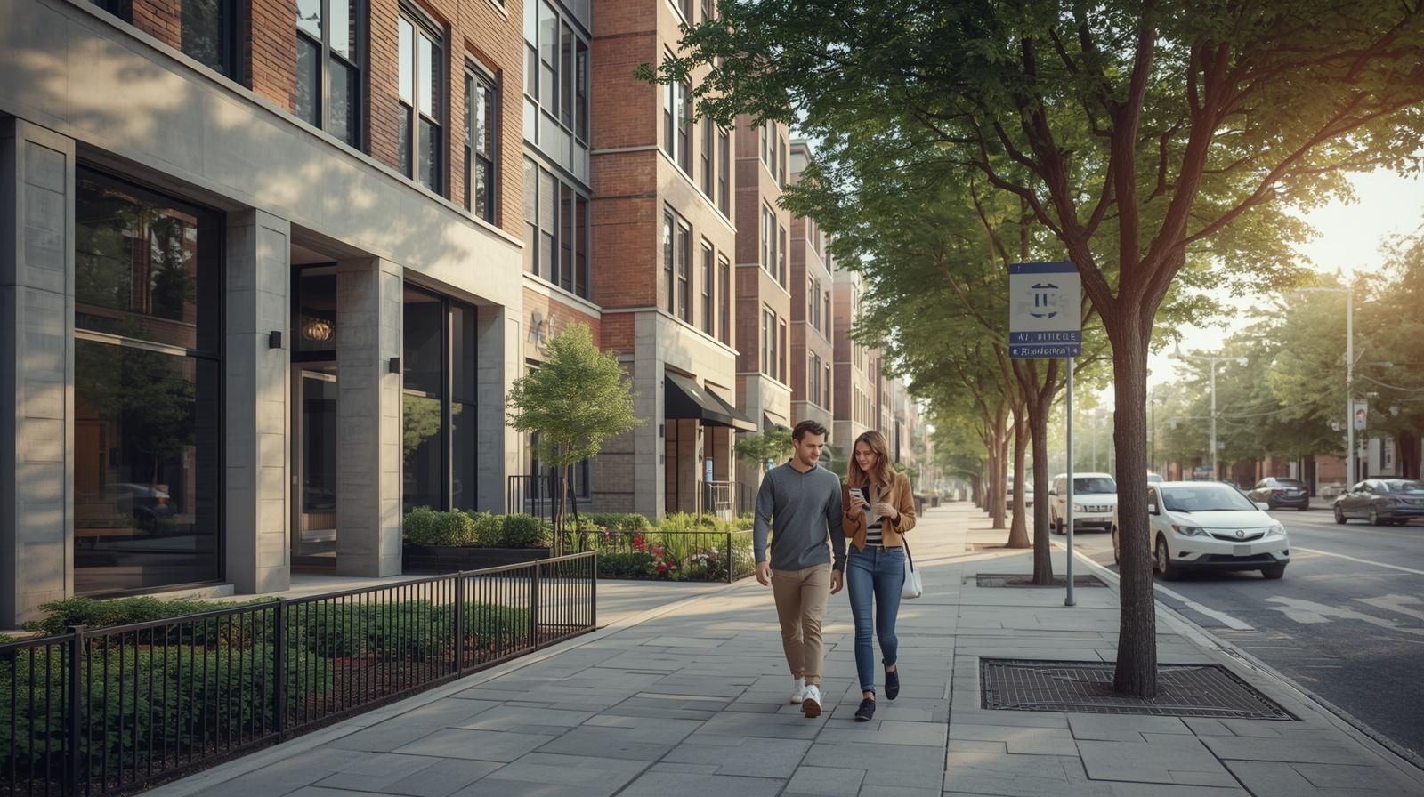 First-time home buyer couple walking through walkable downtown Hackensack NJ near modern condo buildings highlighting affordable Bergen County housing opportunities for first-time home buyer Hackensack NJ