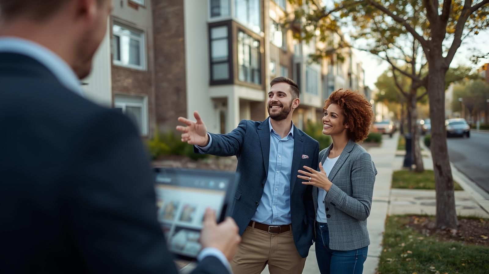 Real estate agent guiding first-time home buyer couple outside modern Hackensack NJ condo building highlighting expert support from Johnny Rodriguez real estate for first-time home buyer Hackensack NJ in Bergen County