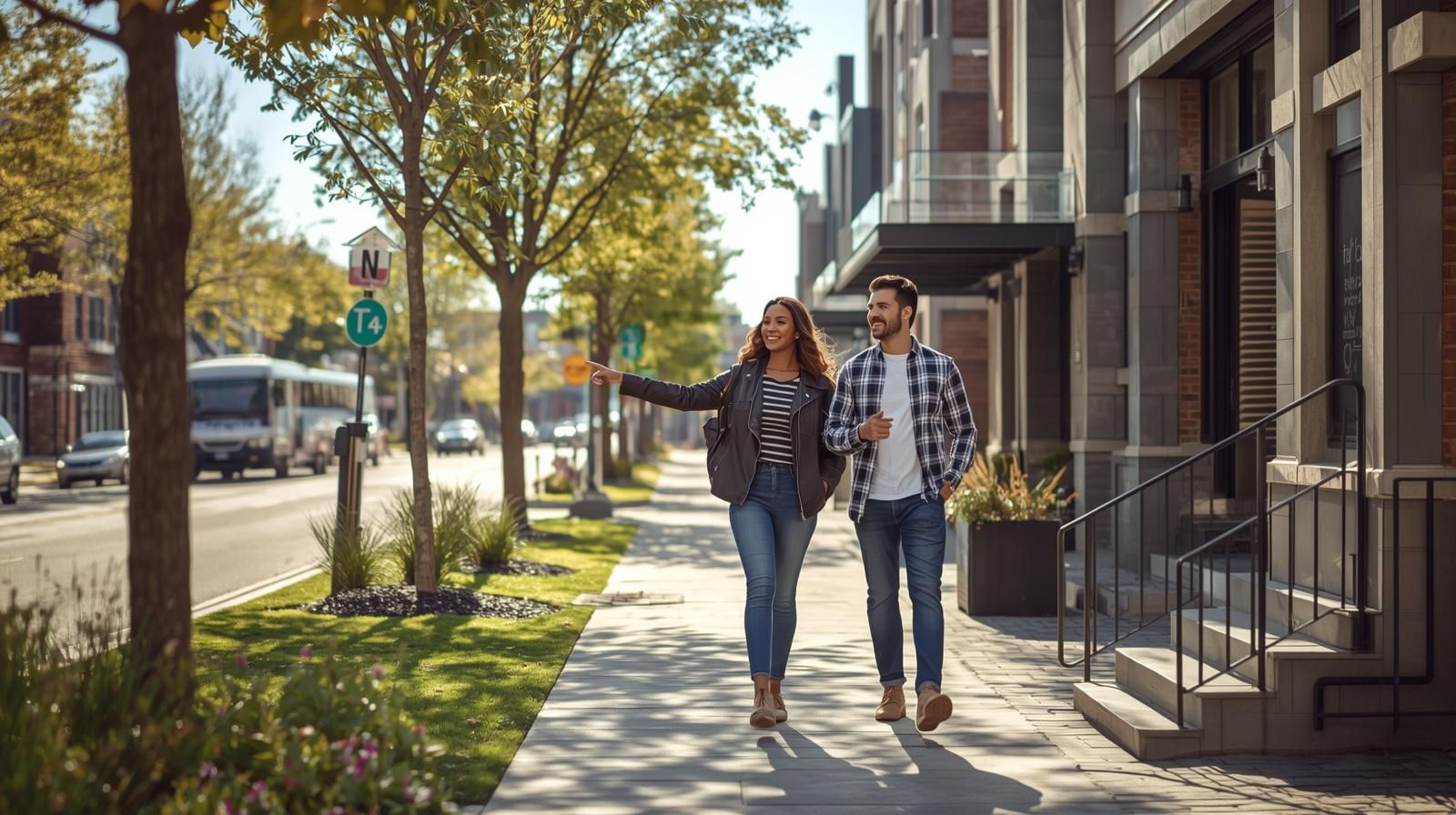 First-time home buyer couple walking through downtown Hackensack NJ near modern condo buildings and NJ Transit access highlighting affordable homes Bergen County first-time buyers and first-time home buyer Hackensack NJ lifestyle opportunities