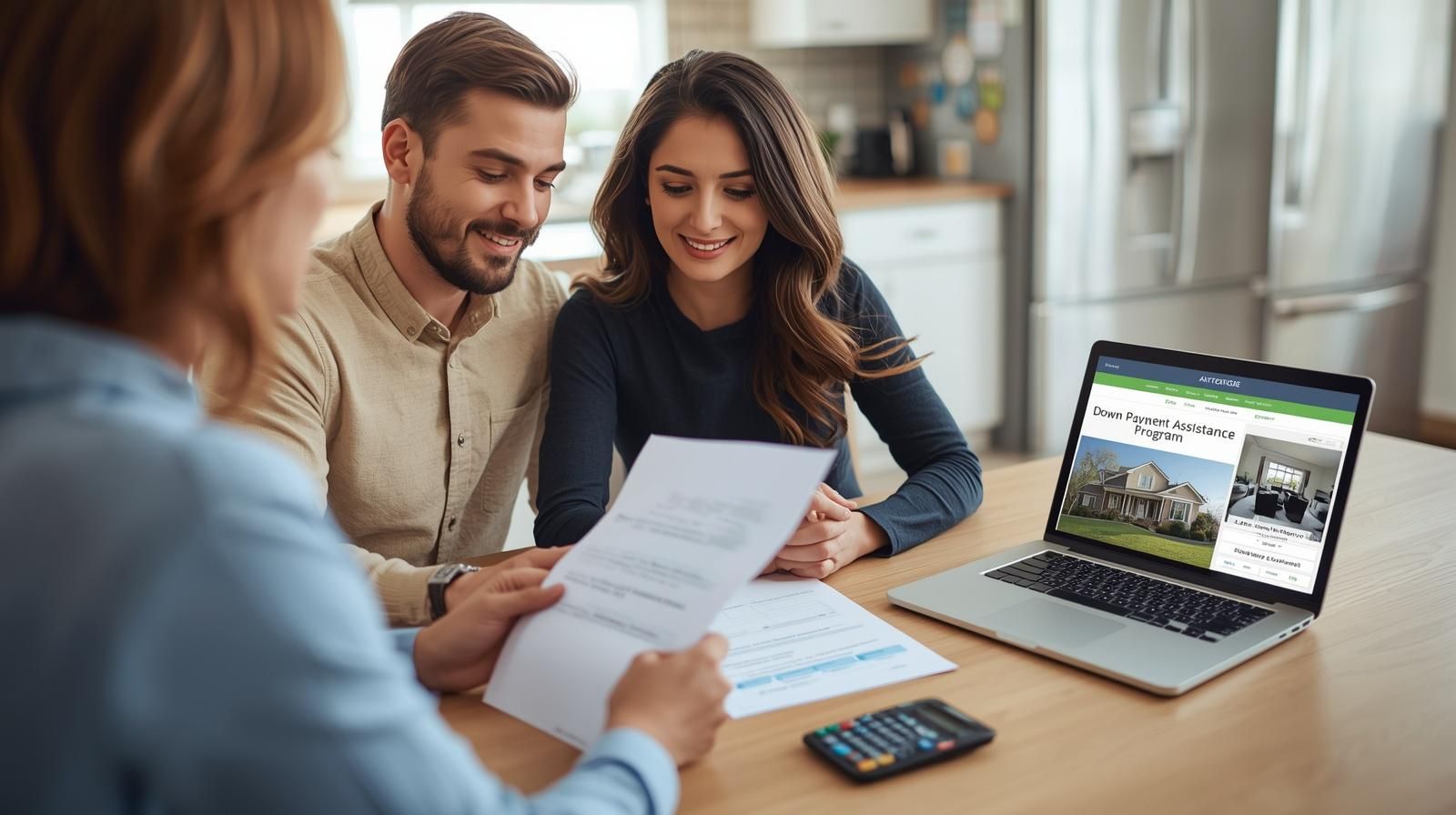 First-time home buyer couple reviewing down payment assistance Bergen County paperwork with advisor at kitchen table showing Hackensack NJ home affordability planning support for first-time home buyer Hackensack NJ