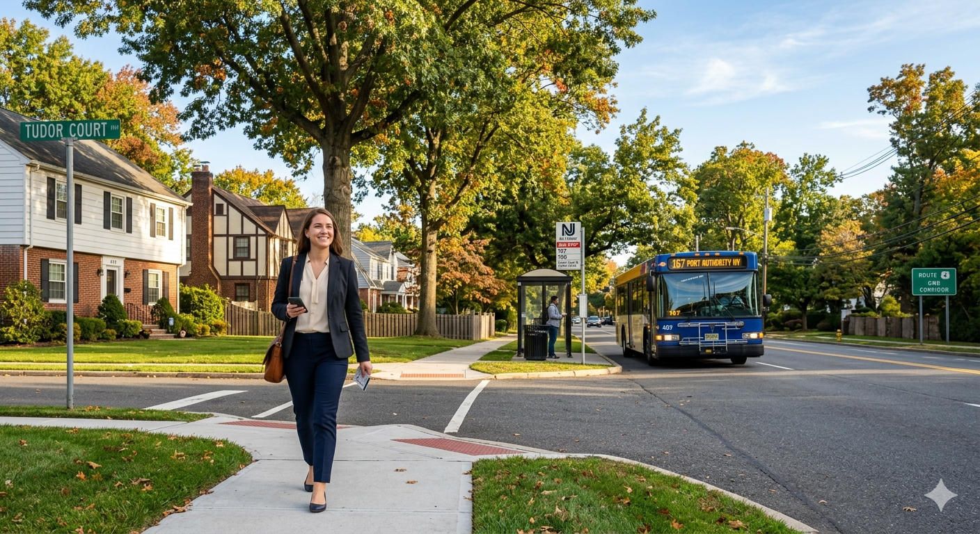 First-time home buyer Teaneck NJ commuter walking near NJ Transit bus stop on tree-lined suburban street with Route 4 corridor access toward Manhattan in Bergen County