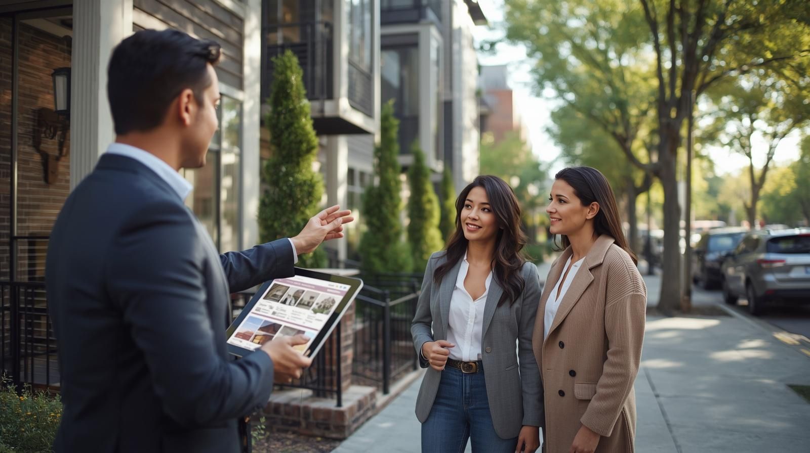 Real estate agent guiding first-time home buyer couple outside modern condo building in Hackensack NJ highlighting expert support for first-time home buyer Hackensack NJ and Bergen County home search strategy