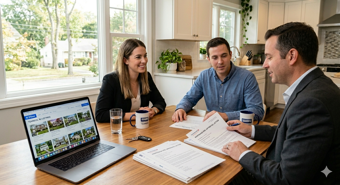 First-time home buyer Teaneck NJ couple reviewing mortgage pre-approval documents and Bergen County home listings with real estate agent during strategy meeting before making a competitive offer