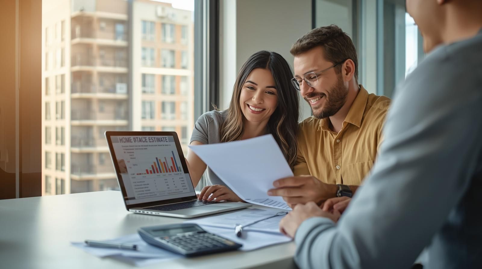 First-time home buyer couple reviewing affordability estimate and NJ down payment assistance programs with advisor near Hackensack NJ condo highlighting investment potential for first-time home buyer Hackensack NJ