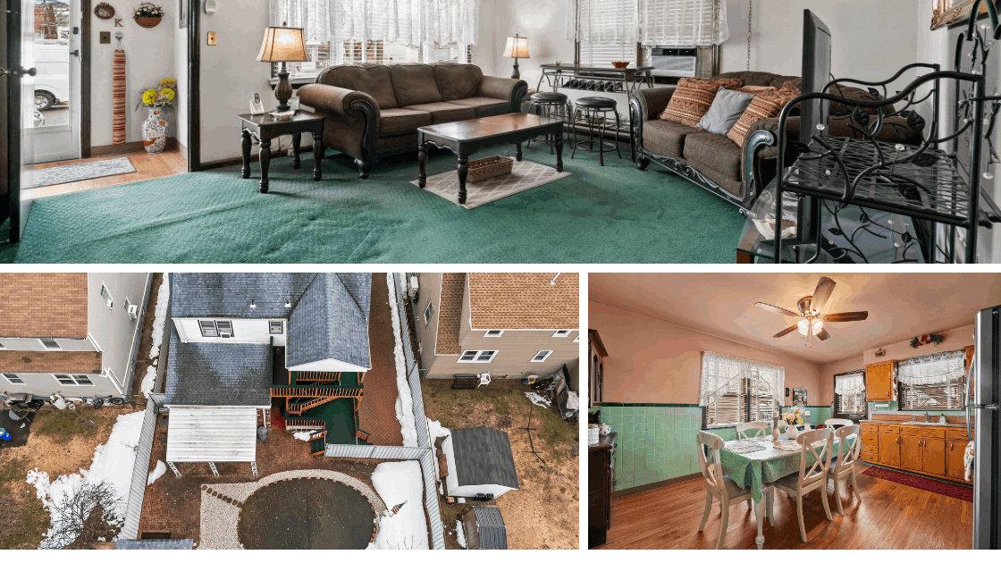Paterson two-family homes for sale in Lakeview neighborhood featuring living room, backyard aerial view, and eat-in kitchen at 8 Kipp Place