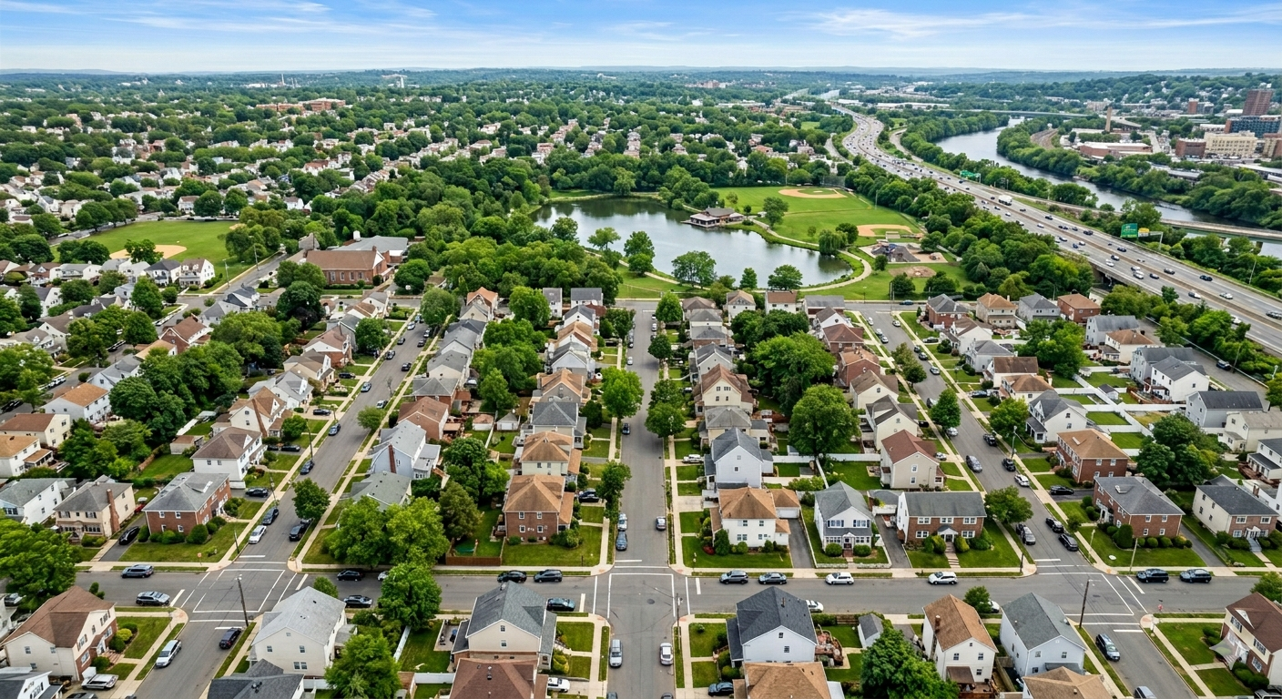 Lakeview neighborhood Paterson homes aerial view showing residential streets parks and commuter access near major highways in Passaic County New Jersey