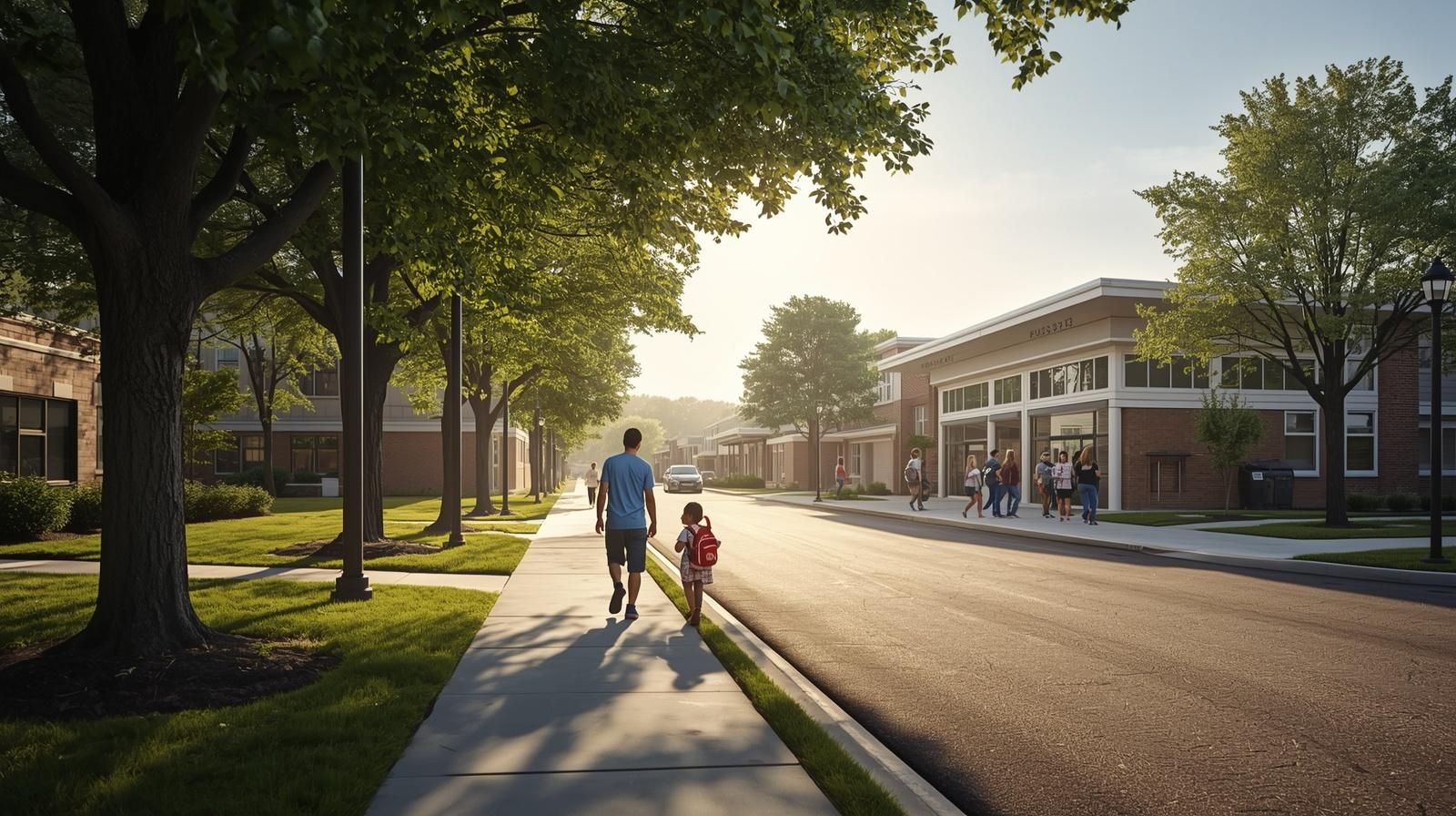 Fort Lee NJ parent walking child to modern public school campus in Bergen County neighborhood ideal for first-time home buyer Fort Lee NJ families