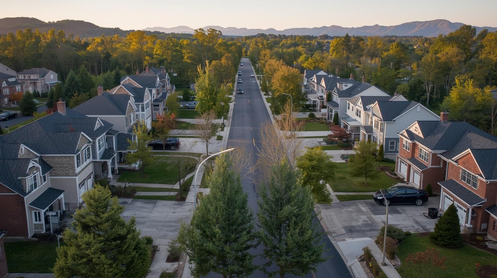First-time home buyer Mahwah NJ suburban neighborhood with modern homes, tree-lined streets, and Ramapo Mountains showing Bergen County residential lifestyle