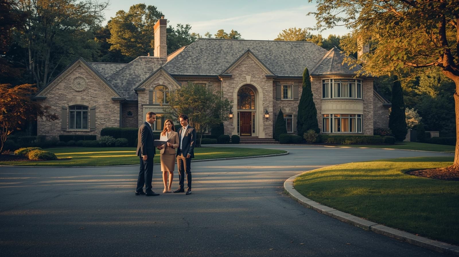 Franklin Lakes NJ luxury home showing real estate agent reviewing documents with buyers preparing for fast-moving 25-day sales cycle Bergen County market