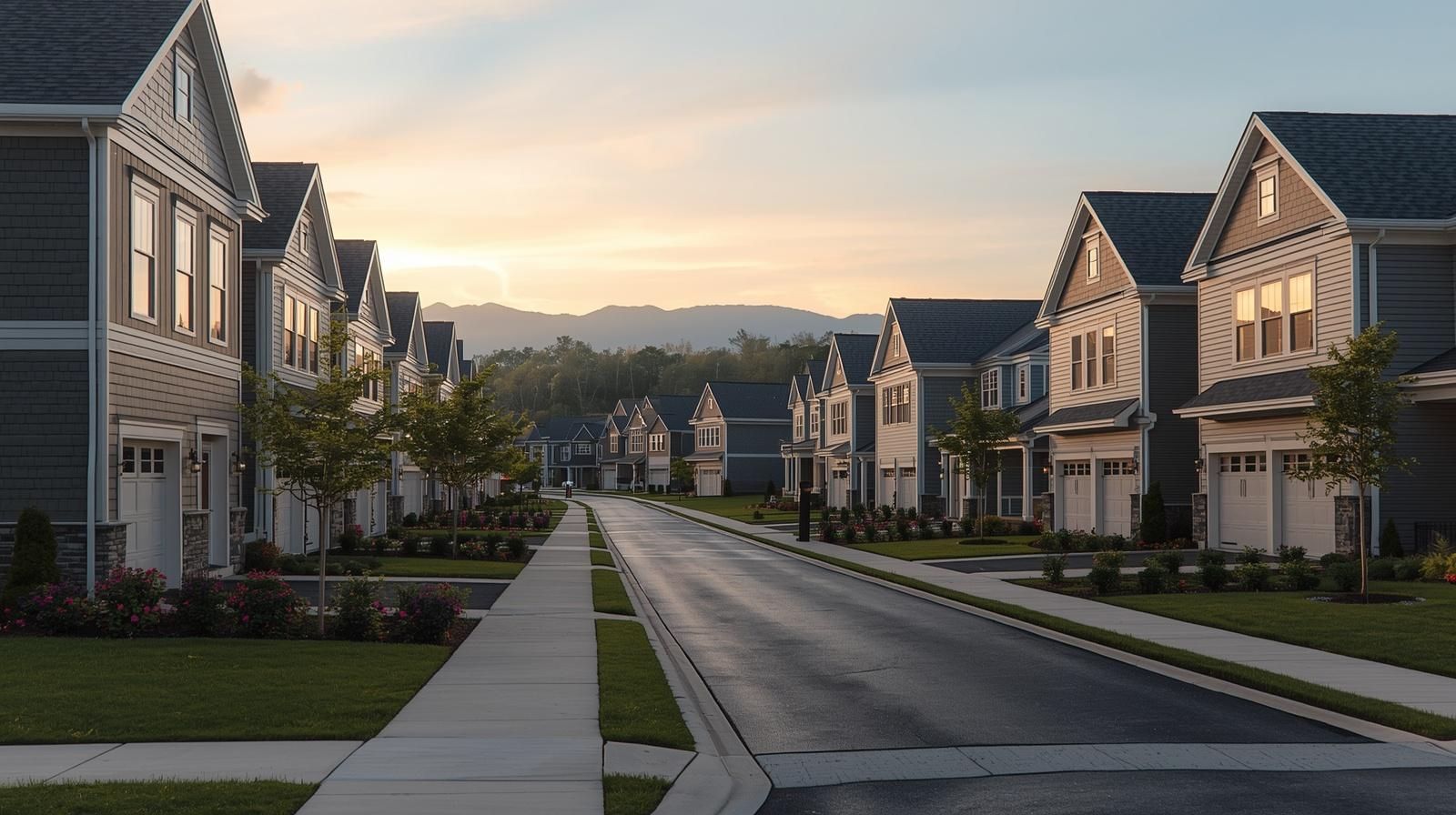 Luxury homes Bergen County first-time buyers Mahwah NJ townhome community with modern suburban houses and scenic mountain backdrop