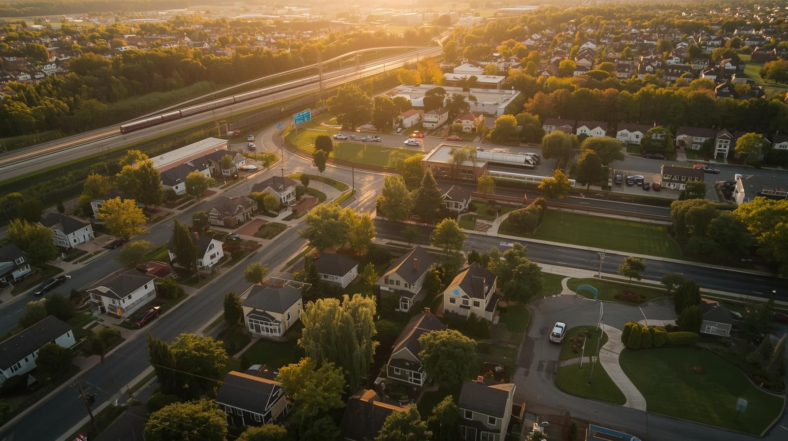 Aerial view of residential streets in Clifton NJ showing single-family and two-family homes near major highways and NJ Transit commuter routes