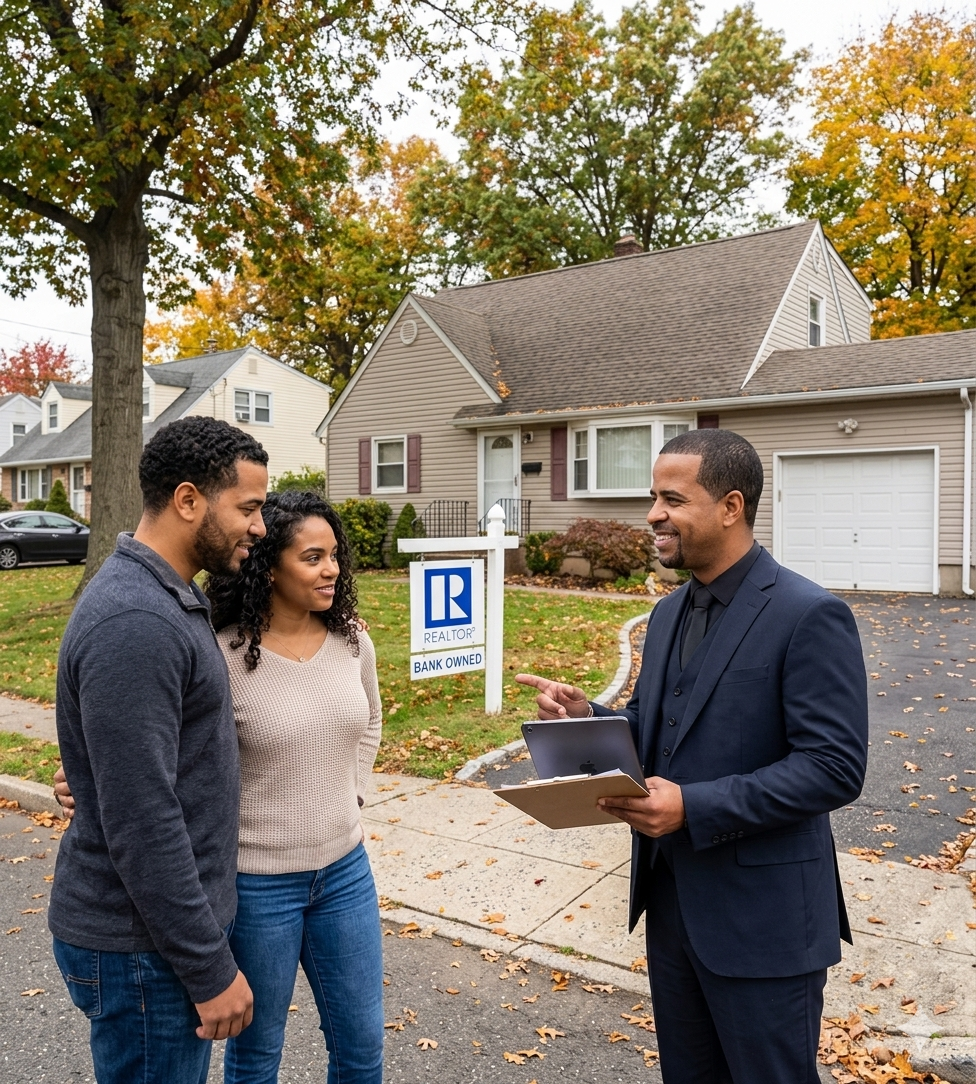Buyer touring foreclosure property with real estate agent in Totowa NJ