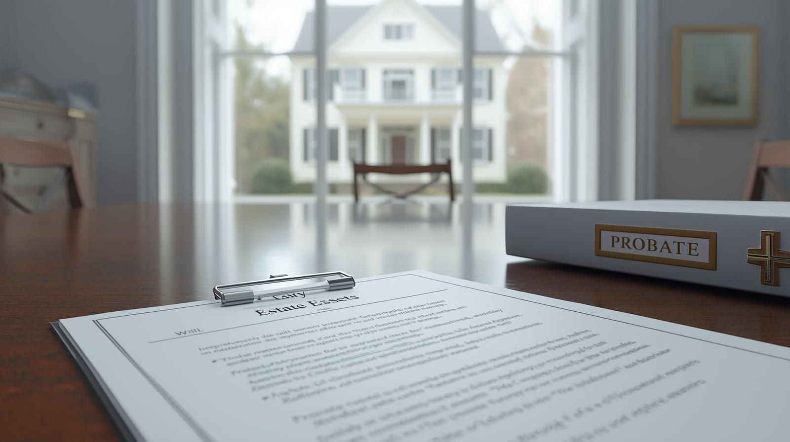 Alt text: Executor reviewing probate documents and will in front of a North Jersey home while handling how to sell an inherited home in NJ.