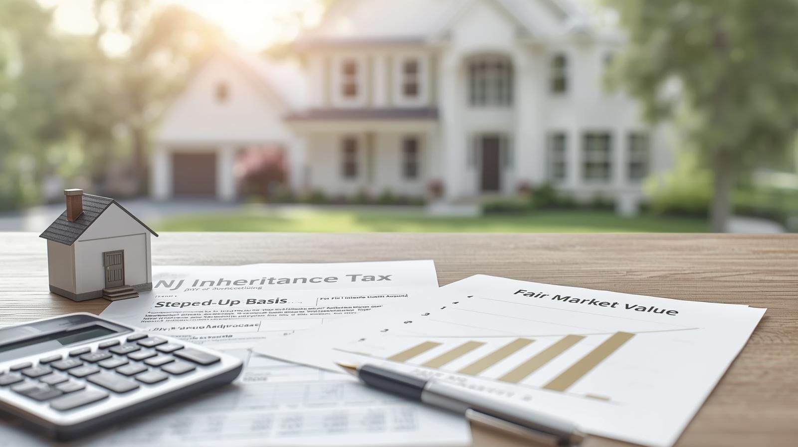 NJ inheritance tax and stepped up basis documents with house model explaining how to sell an inherited home in NJ and reduce capital gains.