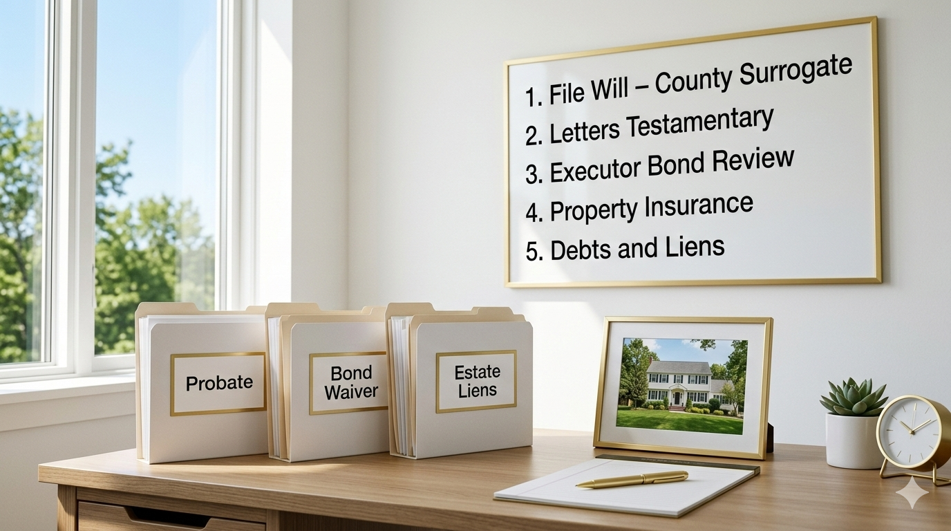 NJ probate sale process step by step showing will filing, Letters Testamentary, executor bond review, insurance, and estate liens for selling inherited property in New Jersey.