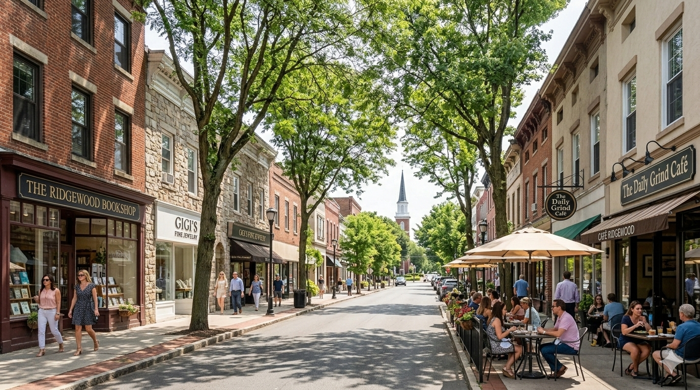 Downtown Ridgewood New Jersey tree lined street with cafes, shops, and outdoor dining, one of the best Bergen County towns to buy a home in North Jersey 2026.