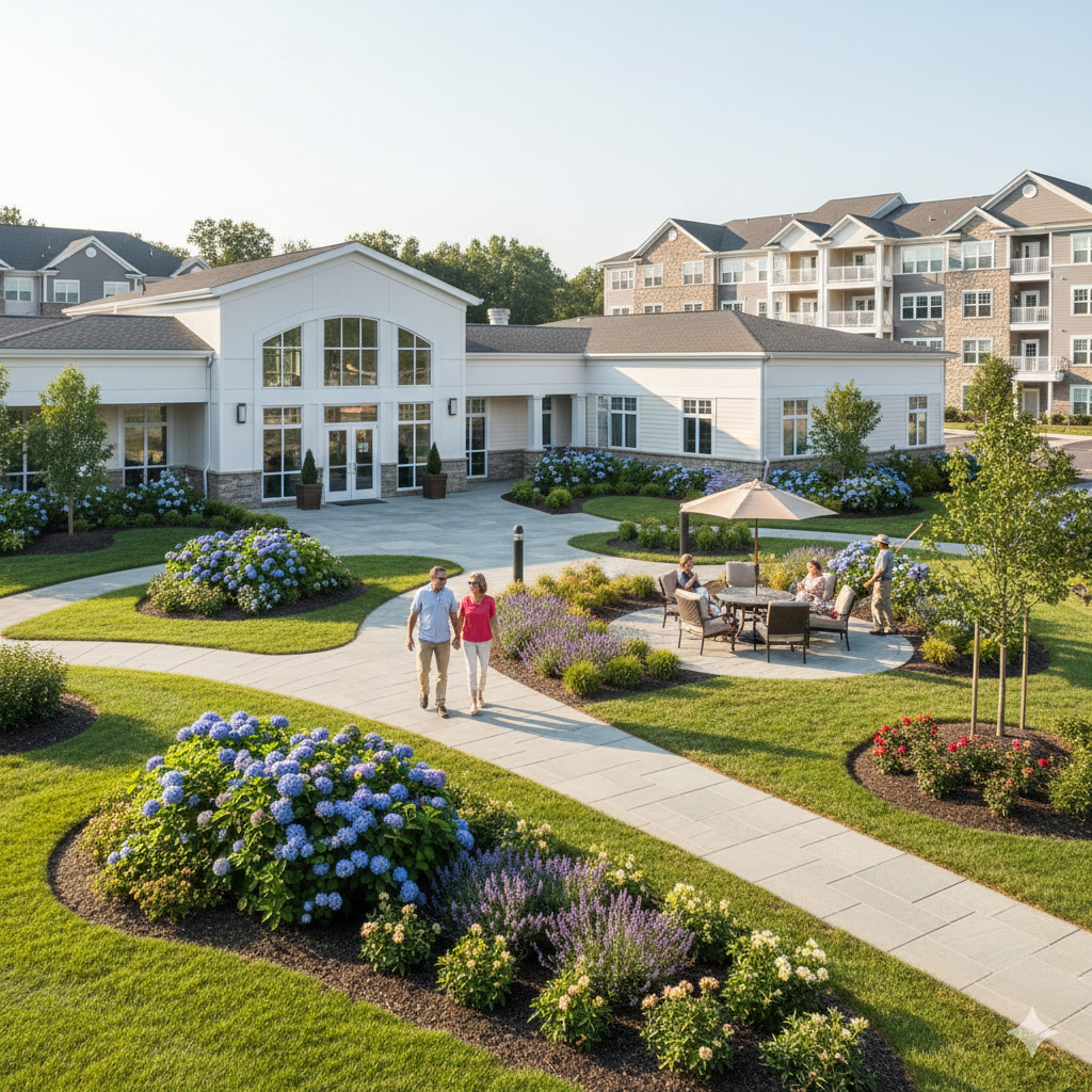 HOA maintained landscaping and clubhouse in North Jersey 55+ community
