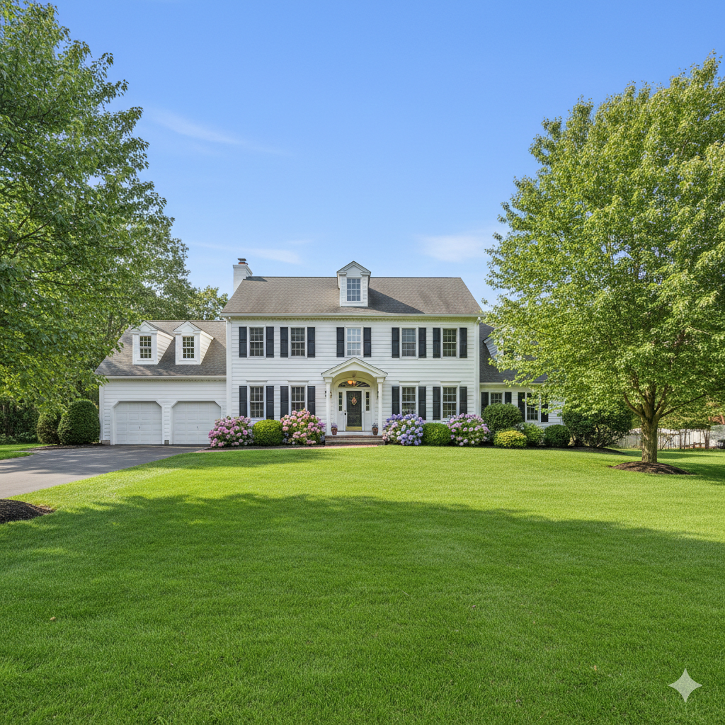 Large suburban single family home in North Jersey with landscaped lawn and trees, representing buyers moving from NYC to North Jersey for more space in 2026.