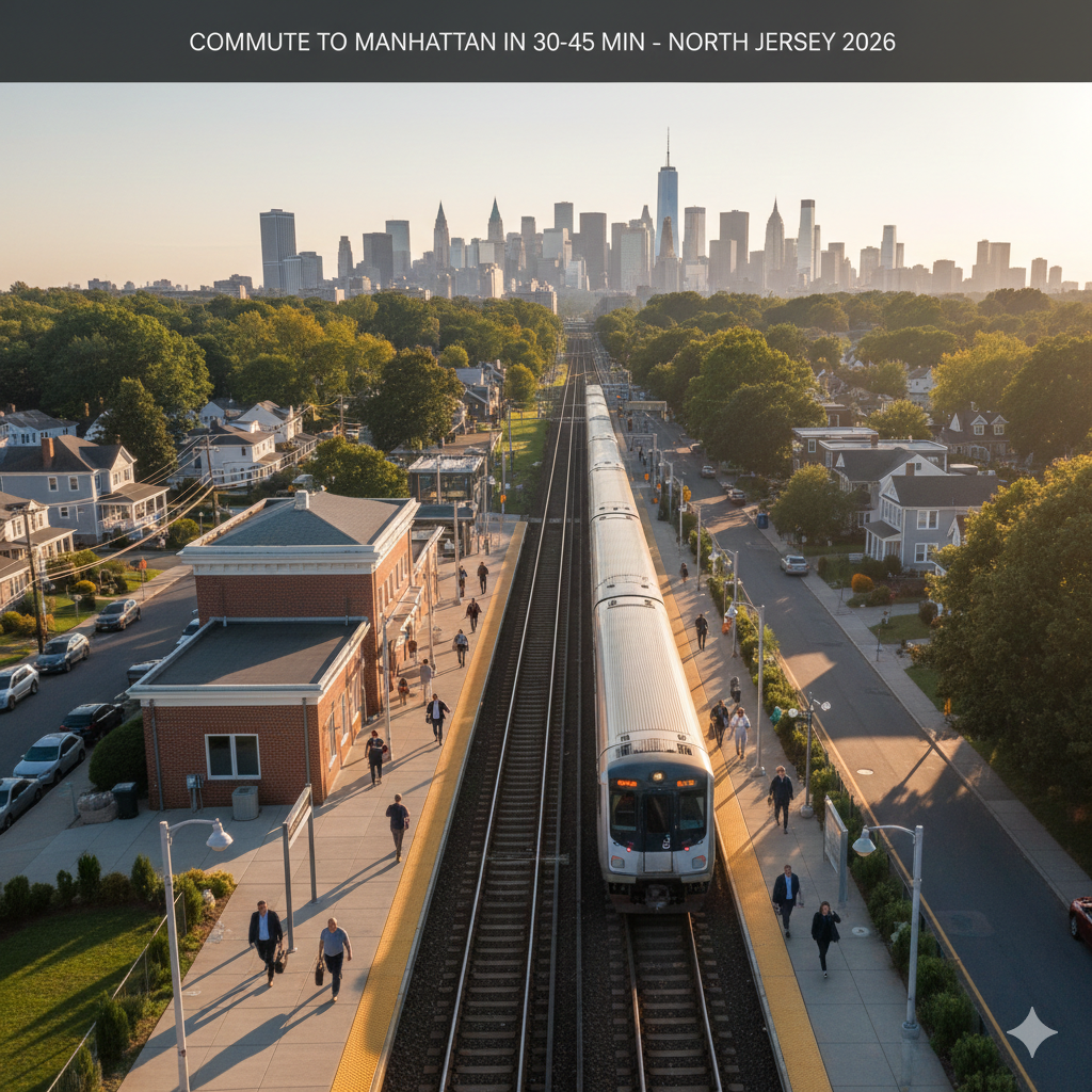 North Jersey commuter train traveling toward Manhattan skyline with suburban homes nearby, illustrating 30 to 45 minute commute hubs for buyers relocating to North Jersey in 2026.