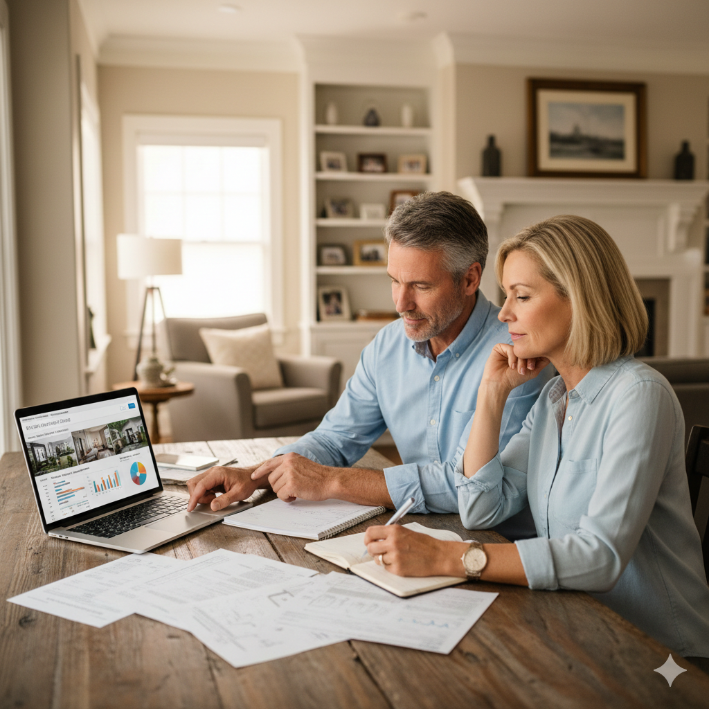 Homeowners reviewing finances and home value before downsizing in North Jersey