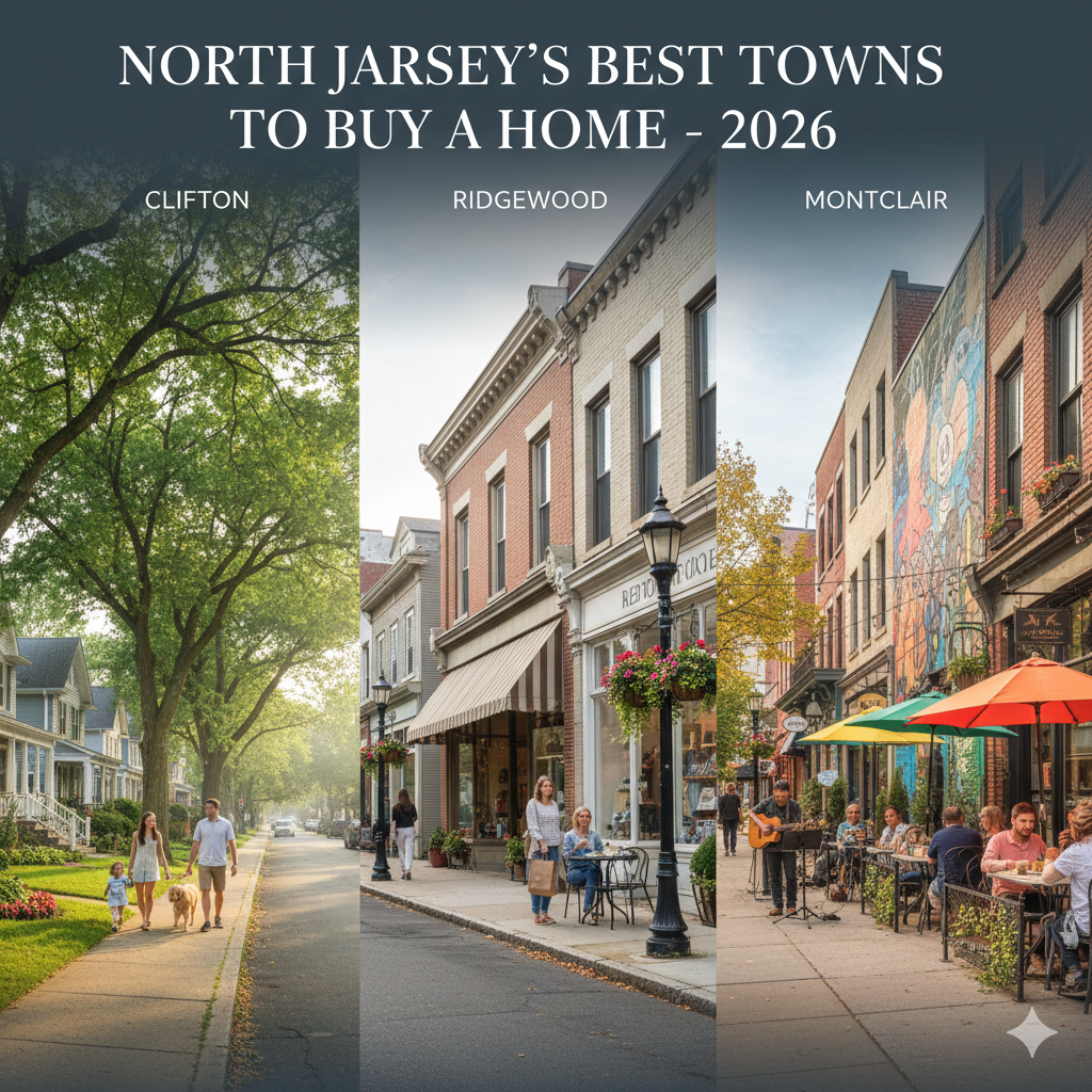 Best towns to buy a home in North Jersey 2026 featuring Clifton suburban homes, Ridgewood walkable downtown shops, and Montclair vibrant street dining scene.