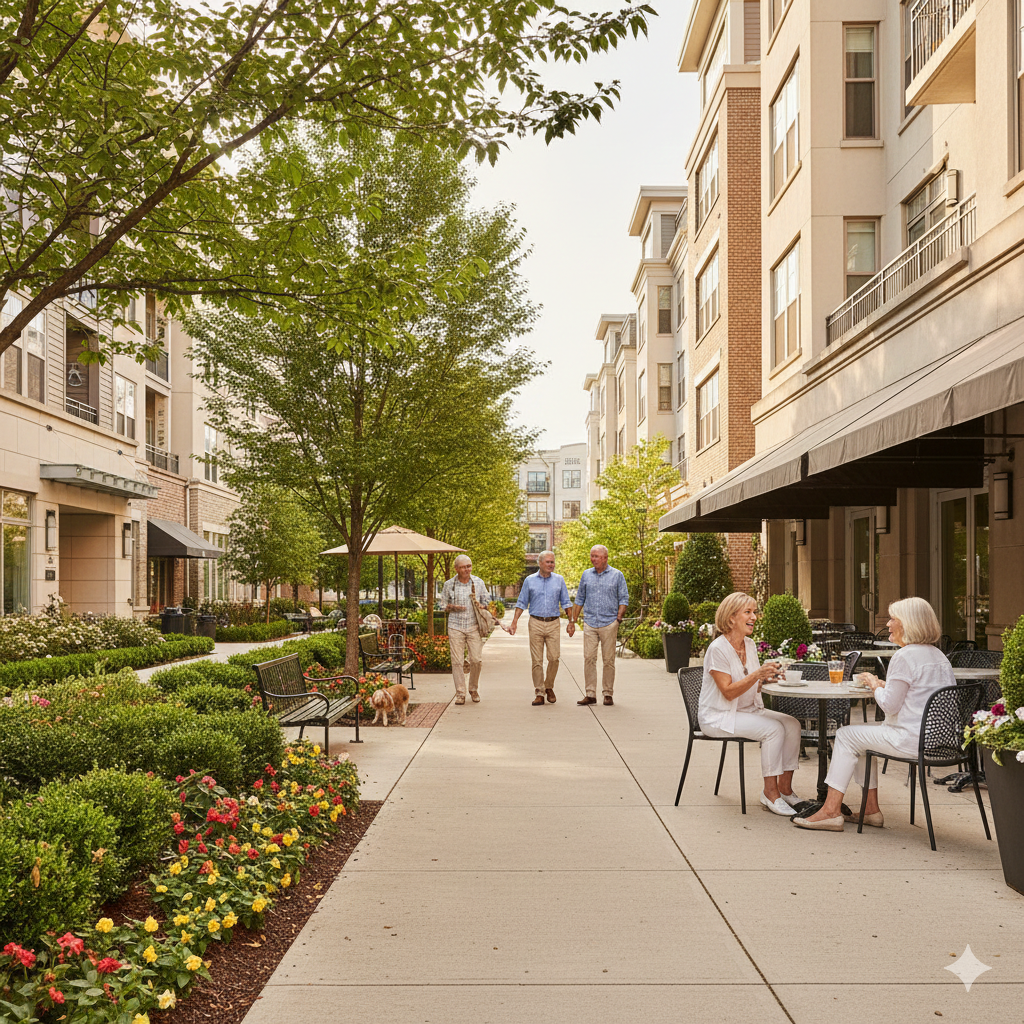 Active adults enjoying walkable lifestyle in North Jersey 55+ community for downsizing