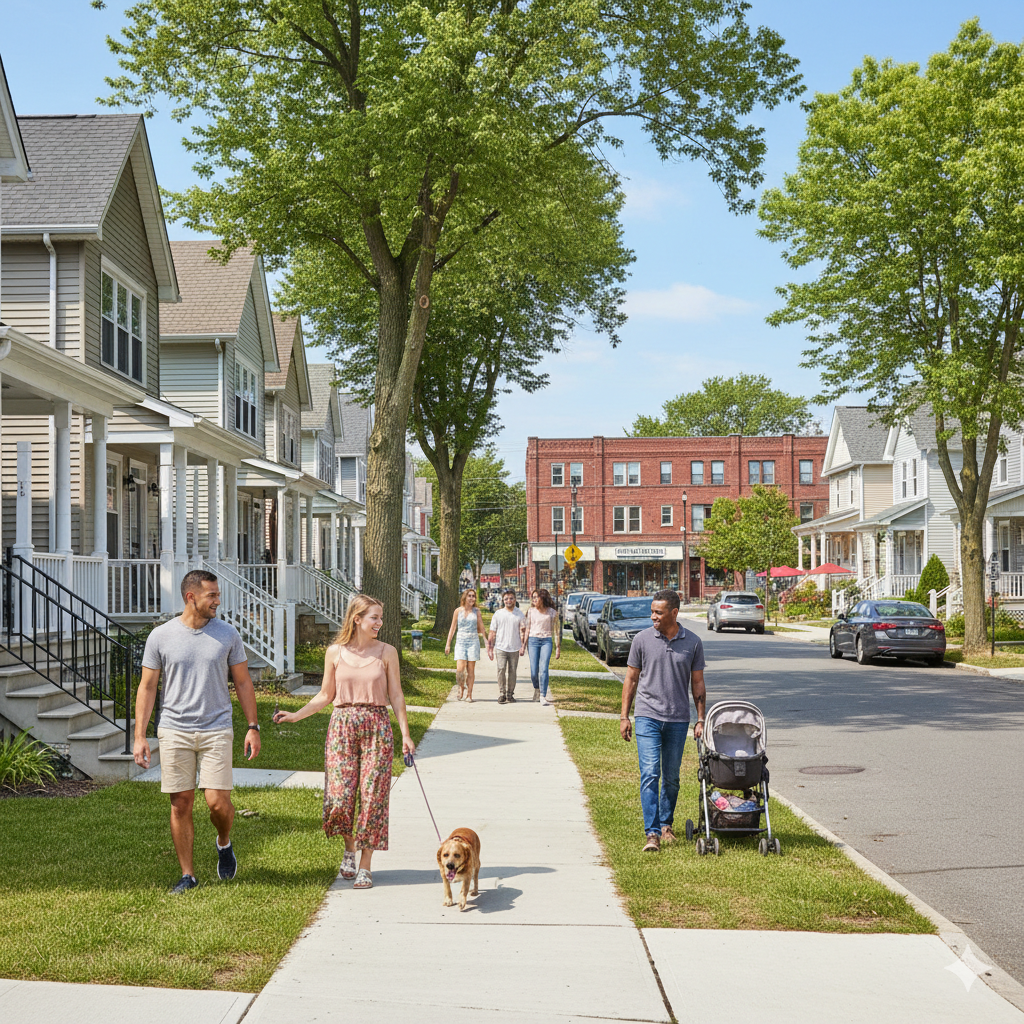 Up and coming North Jersey neighborhood with families walking along a tree lined residential street near local shops, representing emerging housing markets like Garfield, Hawthorne, and Lodi in 2026.