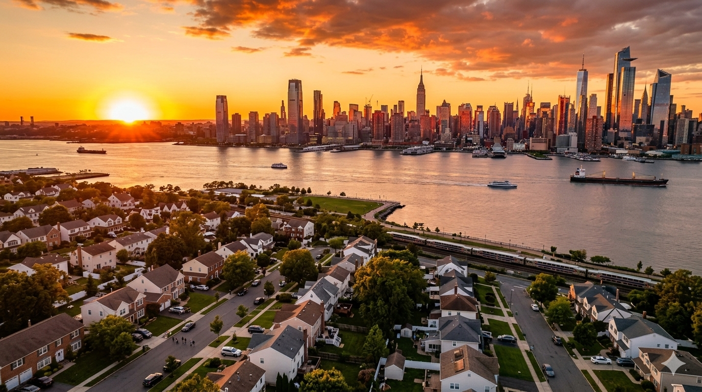Aerial view of North Jersey suburban homes near the Hudson River with the New York City skyline at sunset, illustrating why North Jersey is a top destination for buyers moving from NYC in 2026.