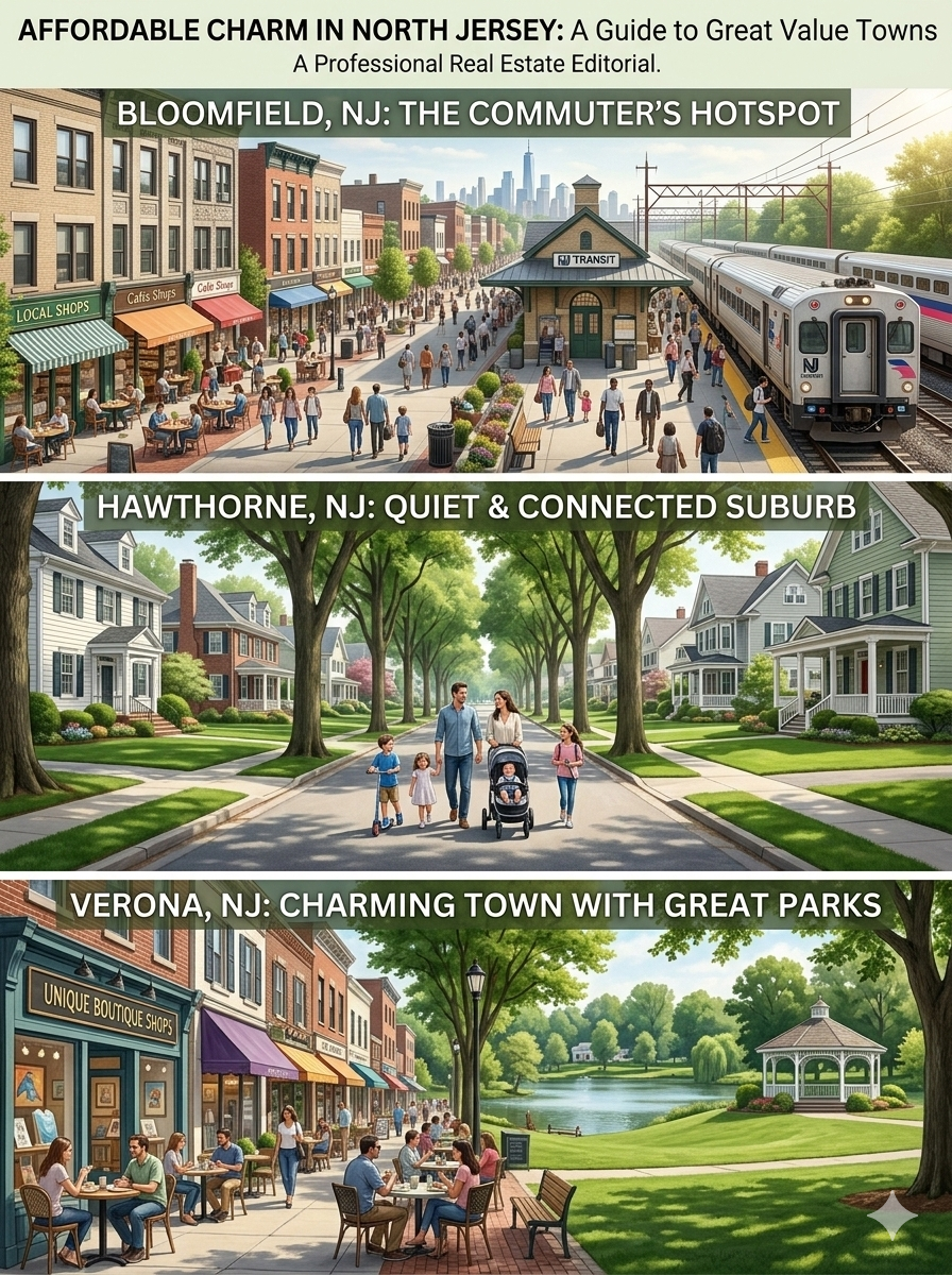 Bloomfield NJ commuter train station downtown, Hawthorne NJ quiet tree lined suburban neighborhood, and Verona NJ park with gazebo and walkable shops showcasing affordable North Jersey towns to live.