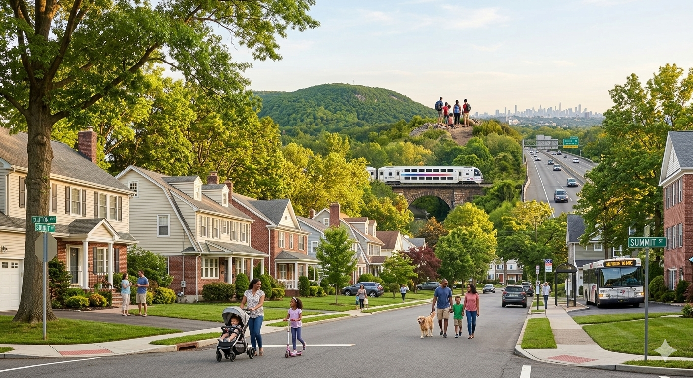 Clifton New Jersey neighborhood with tree lined homes, NJ Transit commuter train, highway access, and Garret Mountain Reservation overlooking the NYC skyline in Passaic County.