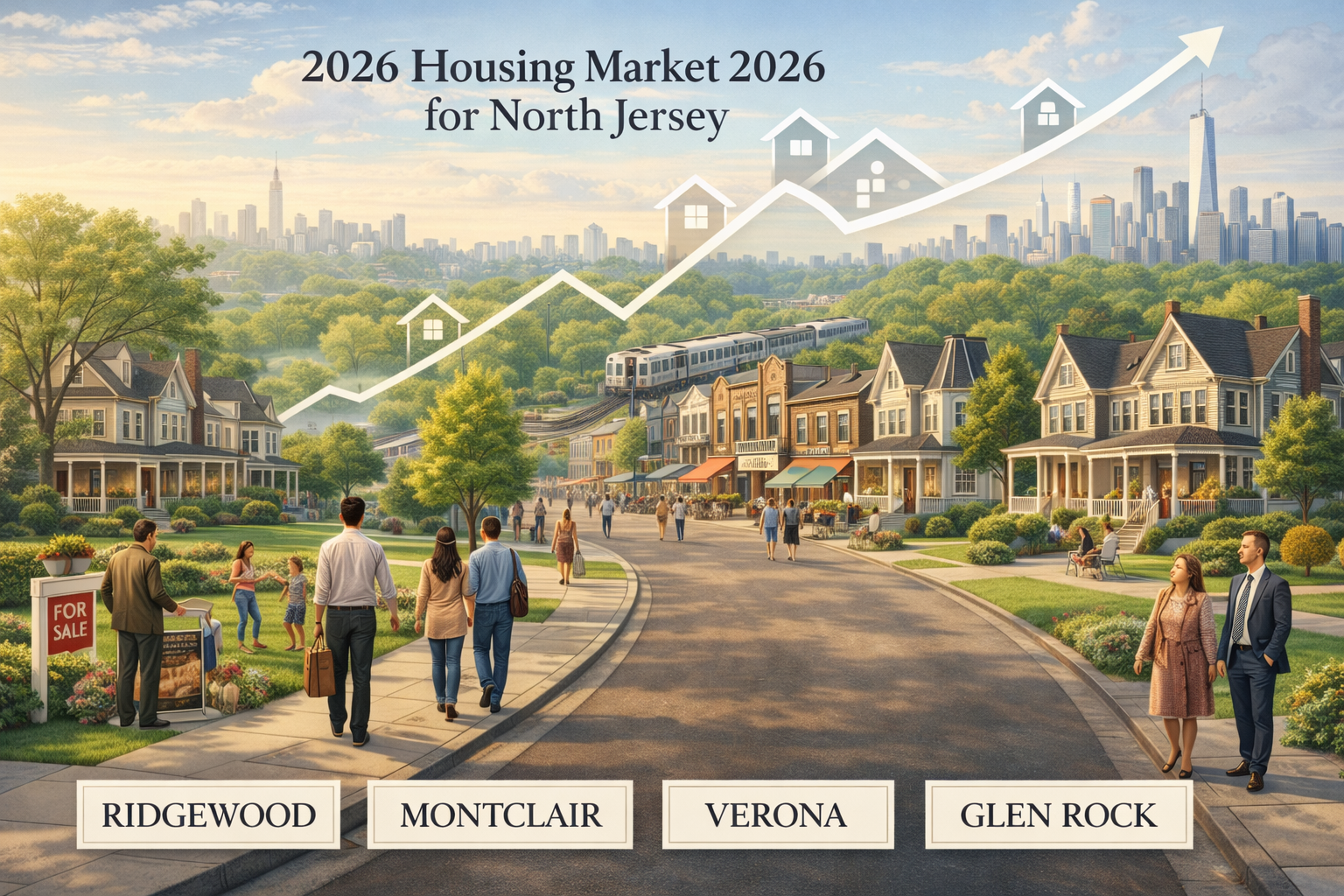 Illustration of the 2026 North Jersey housing market outlook featuring Victorian homes, walkable downtown shops, NJ Transit commuter train to NYC, and neighborhoods representing Ridgewood, Montclair, Verona, and Glen Rock among the best towns in North Jersey to live.