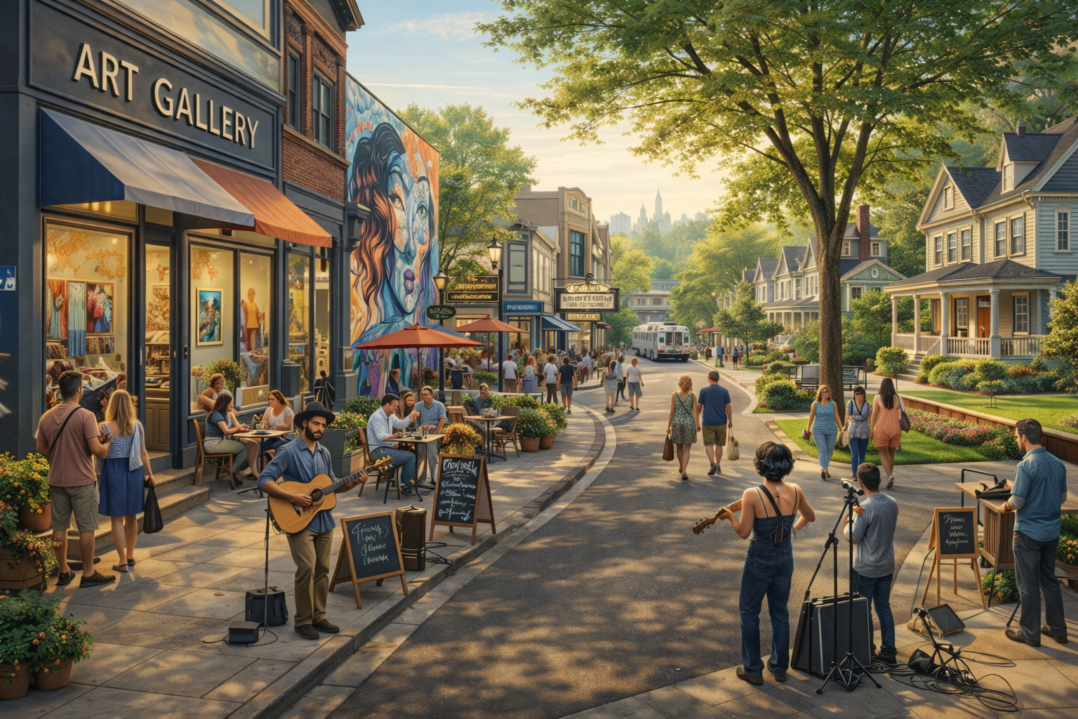 Montclair New Jersey walkable arts district with art galleries, cafes, street musicians, historic Victorian homes, and NJ Transit commuter train showcasing one of the best towns in North Jersey to live.
