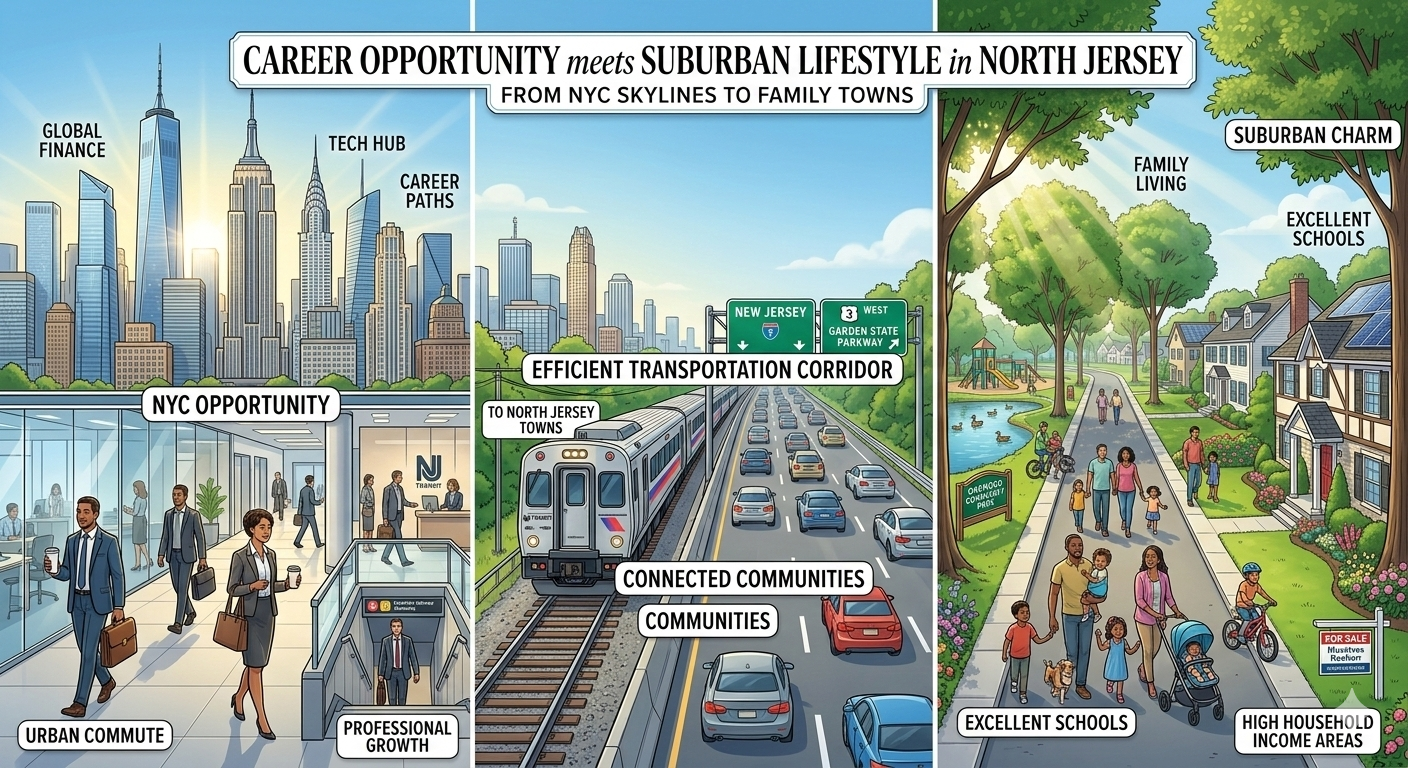 Illustration showing NYC career opportunities connected to North Jersey suburban living with NJ Transit train, Garden State Parkway commute, family neighborhoods, parks, and homes in Bergen and Passaic County.