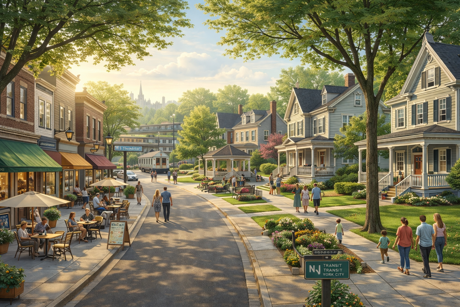 Walkable North Jersey downtown with cafes, Victorian homes, tree lined streets, community park gazebo, and NJ Transit commuter train representing charming towns near New York City.