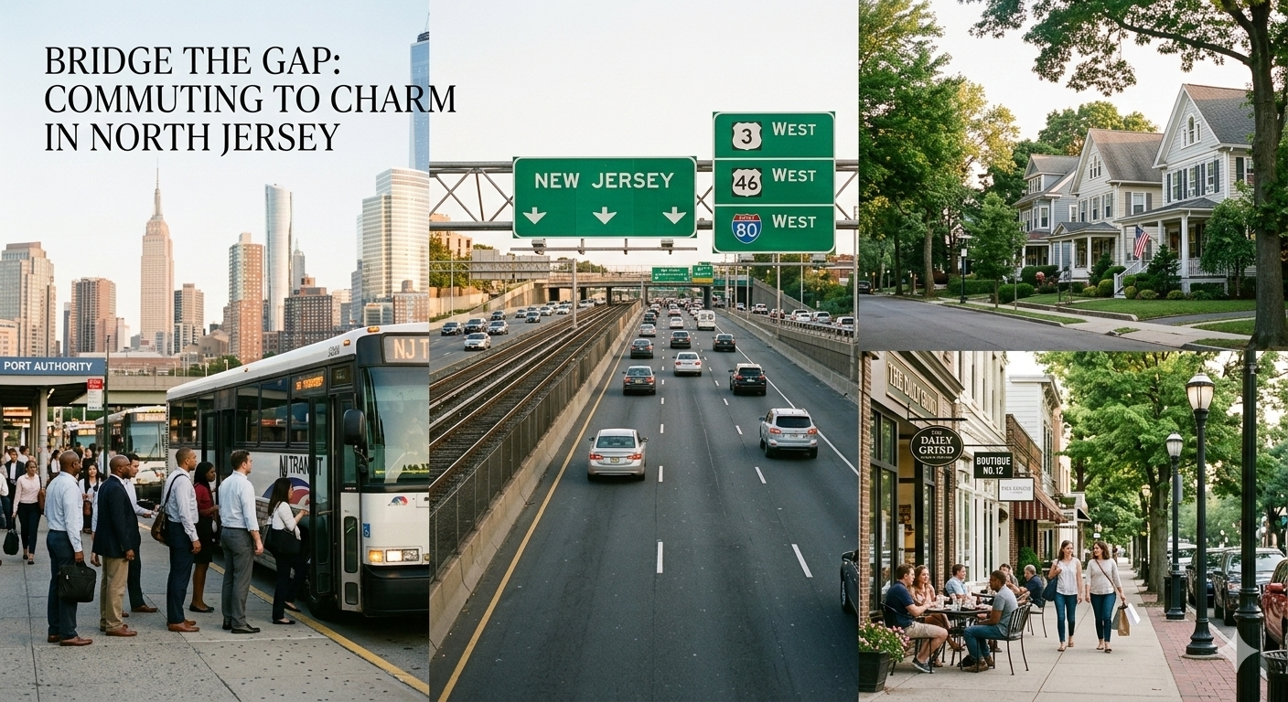 NYC commuters boarding NJ Transit bus with Route 3, Route 46, and I-80 highway signs leading to walkable North Jersey suburbs with tree-lined homes and downtown shops.