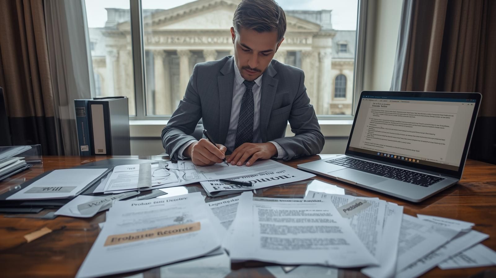 Beneficiary preparing written request and reviewing probate records after executor stops communicating during New Jersey probate process.