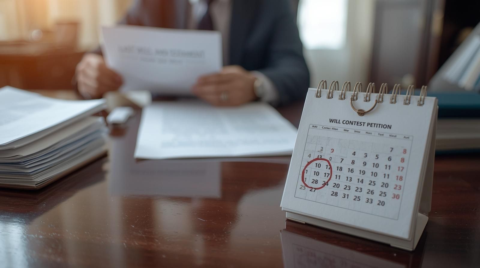 Calendar marking the deadline to file a will contest petition while a person reviews a last will and testament during the New Jersey probate process.
