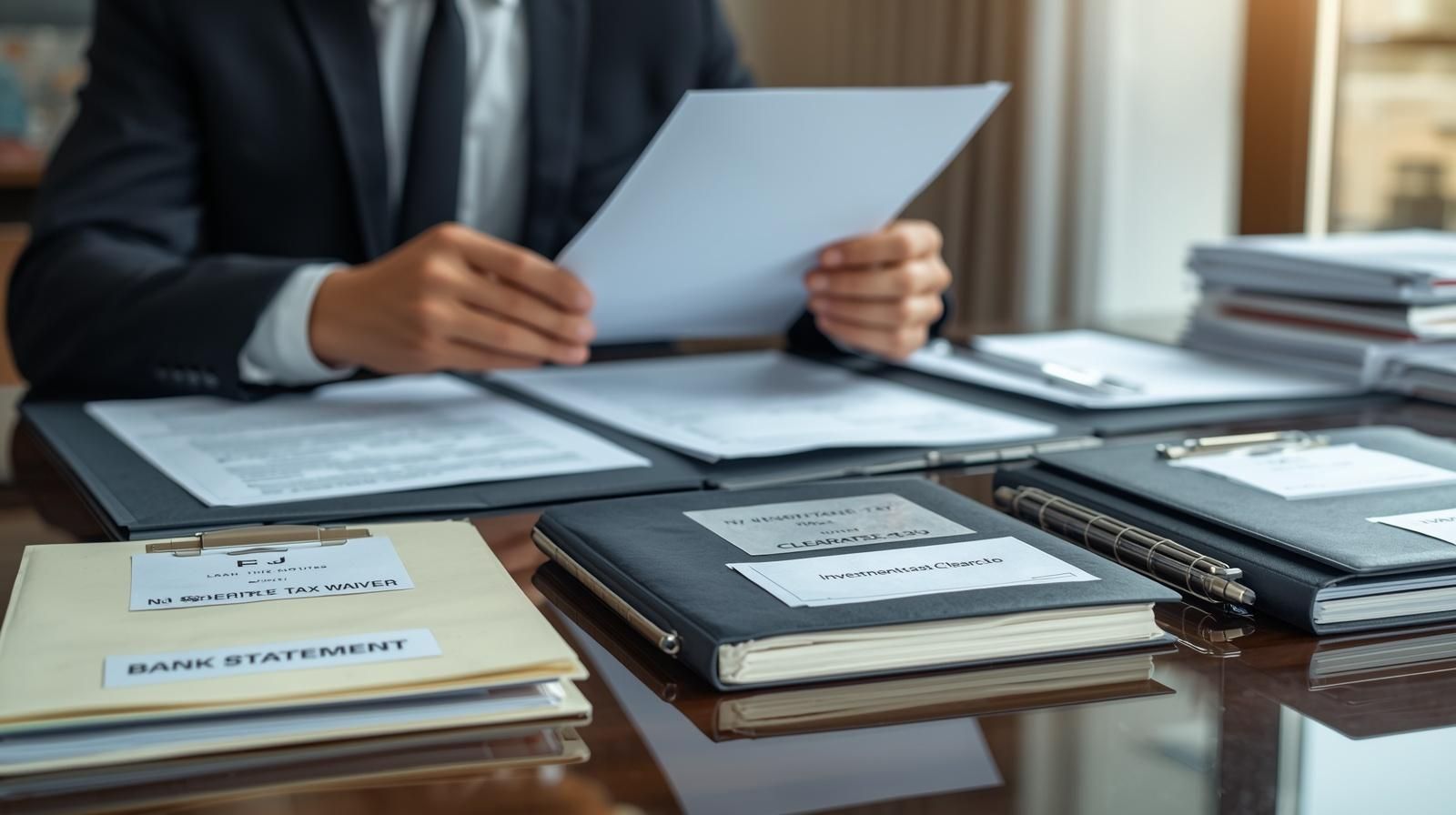 Executor reviewing NJ inheritance tax waiver and estate tax clearance documents required before transferring real estate and financial assets during New Jersey probate.